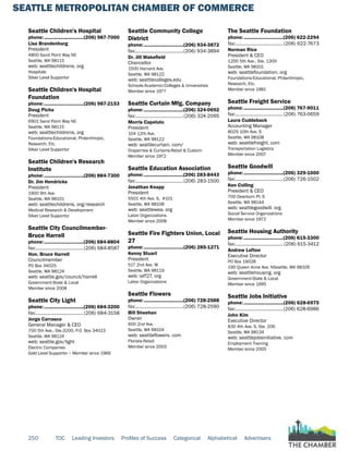 SEATTLE METROPOLITAN CHAMBER OF COMMERCE
250 TOC Leading Investors Profiles of Success Categorical Alphabetical Advertisers
Seattle Children's Hospital
phone:...............................(206) 987-7000
Lisa Brandenburg
President
4800 Sand Point Way NE
Seattle, WA 98115
web: seattlechildrens. org
Hospitals
Silver Level Supportor
Seattle Children's Hospital
Foundation
phone:...............................(206) 987-2153
Doug Picha
President
6901 Sand Point Way NE
Seattle, WA 98115
web: seattlechildrens. org
Foundations-Educational, Philanthropic,
Research, Etc.
Silver Level Supportor
Seattle Children's Research
Institute
phone:...............................(206) 884-7300
Dr. Jim Hendricks
President
1900 9th Ave.
Seattle, WA 98101
web: seattlechildrens. org/research
Medical Research & Development
Silver Level Supportor
Seattle City Councilmember-
Bruce Harrell
phone:...............................(206) 684-8804
fax:......................................(206) 684-8587
Hon. Bruce Harrell
Councilmember
PO Box 34025
Seattle, WA 98124
web: seattle.gov/council/harrell
Government-State & Local
Member since 2008
Seattle City Light
phone:...............................(206) 684-3200
fax:......................................(206) 684-3158
Jorge Carrasco
General Manager & CEO
700 5th Ave., Ste.3200, P.O. Box 34023
Seattle, WA 98124
web: seattle.gov/light
Electric Companies
Gold Level Supportor ~ Member since 1966
Seattle Community College
District
phone:...............................(206) 934-3872
fax:......................................(206) 934-3894
Dr. Jill Wakefield
Chancellor
1500 Harvard Ave.
Seattle, WA 98122
web: seattlecolleges.edu
Schools-Academic-Colleges & Universities
Member since 1977
Seattle Curtain Mfg. Company
phone:...............................(206) 324-0692
fax:......................................(206) 324-2095
Morris Capeluto
President
104 12th Ave.
Seattle, WA 98122
web: seattlecurtain. com/
Draperries & Curtains-Retail & Custom
Member since 1972
Seattle Education Association
phone:...............................(206) 283-8443
fax:......................................(206) 283-1500
Jonathan Knapp
President
5501 4th Ave. S, #101
Seattle, WA 98108
web: seattlewea. org
Labor Organizations
Member since 2008
Seattle Fire Fighters Union, Local
27
phone:...............................(206) 285-1271
Kenny Stuart
President
517 2nd Ave. W
Seattle, WA 98119
web: iaff27. org
Labor Organizations
Seattle Flowers
phone:...............................(206) 728-2588
fax:......................................(206) 728-2590
Bill Sheehan
Owner
600 2nd Ave.
Seattle, WA 98104
web: seattleflowers. com
Florists-Retail
Member since 2003
The Seattle Foundation
phone:...............................(206) 622-2294
fax:......................................(206) 622-7673
Norman Rice
President & CEO
1200 5th Ave., Ste. 1300
Seattle, WA 98101
web: seattlefoundation. org
Foundations-Educational, Philanthropic,
Research, Etc.
Member since 1981
Seattle Freight Service
phone:...............................(206) 767-9011
fax:......................................(206) 763-0659
Laura Cuddeback
Accounting Manager
8025 10th Ave. S
Seattle, WA 98108
web: seattlefreight. com
Transportation Logistics
Member since 2007
Seattle Goodwill
phone:...............................(206) 329-1000
fax:......................................(206) 726-1502
Ken Colling
President & CEO
700 Dearborn Pl. S
Seattle, WA 98144
web: seattlegoodwill. org
Social Service Organizations
Member since 1972
Seattle Housing Authority
phone:...............................(206) 615-3300
fax:...................................... (206) 615-3412
Andrew Lofton
Executive Director
PO Box 19028
190 Queen Anne Ave. NSeattle, WA 98109
web: seattlehousing. org
Government-State & Local
Member since 1995
Seattle Jobs Initiative
phone:...............................(206) 628-6975
fax:......................................(206) 628-6986
John Kim
Executive Director
830 4th Ave. S, Ste. 206
Seattle, WA 98134
web: seattlejobsinitiative. com
Employment Training
Member since 2005
 