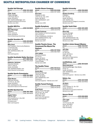 SEATTLE METROPOLITAN CHAMBER OF COMMERCE
252 TOC Leading Investors Profiles of Success Categorical Alphabetical Advertisers
Seattle Self Storage
phone:...............................(206) 323-3000
fax:......................................(206) 323-2996
Justin Purdy
Project Manager
1100 Poplar Place S.
Seattle, WA 98144
web: seattle-selfstorage. com
Storage-Household & Commercial
Member since 2003
Seattle SEO Pro
phone:...............................(206) 510-8604
Marc Menninger
President
502 N. 122nd St.
Seattle, WA 98133
Internet Marketing & Advertising
Seattle Sounders FC
phone:...............................(425) 203-8000
fax:......................................(425) 643-3515
Mike Flood
Vice President, Community Relations
12 Seahawks Way
Renton, WA 98056
web: seattlesounders. net
Soccer
Gold Level Supportor
Seattle Southside Visitor Services
phone:...............................(877) 885-9452
fax:......................................(206) 575-2529
Katherine Kertzman
Executive Director
3100 S. 176th St
Seattle, WA 98188
web: seattlesouthside. com
Visitor Attraction & Information
Seattle Sports Commission
phone:...............................(206) 461-5800
fax:......................................(206) 461-5855
Ralph Morton
Executive Director
701 Pike St., Ste. 800
Seattle, WA 98101
web: seattlesports. org
Associations-Sports & Entertainment
Seattle Sportservice
phone:...............................(206) 381-7863
fax:......................................(206) 381-8026
Angela Todero
F&B Manager
800 Occidental Ave. S, Ste. 800
Seattle, WA 98134
Concessionaires
Silver Level Supportor
Seattle Steam Company
phone:...............................(206) 623-6366
fax:......................................(206) 467-6394
Stan Gent
President & CEO
1325 4th Ave., Ste. 1440
Seattle, WA 98101
web: seattlesteam. com
Utilities
Member since 1955
Seattle Symphony
phone:...............................(206) 215-4700
fax:...................................... (206) 215-4701
Rosalie Contreras
Vice President of Communications
200 University St.
PO Box 21906Seattle, WA 98111
web: seattlesymphony. org
Bands & Orchestras
Member since 1977
Seattle Theatre Group - The
Paramount-The Moore-The
Neptune
phone:...............................(206) 467-5510
fax:......................................(206) 682-4837
Josh LaBelle
Executive Director
911 Pine St.
Seattle, WA 98101
web: stgpresents. org
Theatres-Stages
Member since 1996
The Seattle Times
phone:...............................(206) 464-2111
fax:......................................(206) 498-0883
Sandra Bird
Marketing Manager
1000 Denny Way
Seattle, WA 98109
web: seattletimes. com
Newspapers
Gold Level Supportor ~ Member since 1917
Seattle Tunnel Partners
phone:...............................(206) 971-8702
fax:.......................................(206) 971-8702
Greg Hauser
Deputy Project Manager
999 3rd Ave., Ste. 2424
Seattle, WA 98104
web: stp-jv. com
Construction Management
Silver Level Supportor
Seattle University
phone:...............................(206) 296-6000
fax:......................................(206) 296-6200
Stephen Sundborg
President
901 12th Ave.
Seattle, WA 98122
web: seattleu.edu
Schools-Academic-Colleges & Universities
Member since 1973
Seattle Yacht Club
phone:...............................(206) 325-1000
fax:...................................... (206) 324-8784
Steve Hall
General Manager
1807 E Hamlin St.
Seattle, WA 98112
web: seattleyachtclub. org
Clubs-Business & Professional
Member since 1990
Seattle's Union Gospel Mission
phone:...............................(206) 723-0767
fax:...................................... (206) 723-1076
Jeff Lilley
President
P.O. Box 202
Seattle, WA 98111
web: ugm. org
Social Service Organizations
Member since 1987
seattletimes. com
phone:...............................(206) 464-8105
Cheryl Kilo-Davis
Marketing Manager, New Media
PO Box 70
Seattle, WA 98109
web: seattletimes. com
Newspapers
Gold Level Supportor ~ Member since 2000
Sebco, Inc.
phone:...............................(206) 323-5308
fax:......................................(206) 323-9502
Jay Ayers
President
4020 E Madison St., Ste. 320
Seattle, WA 98112
Real Estate-Commercial & Investment
Member since 1987
Secure Shred
phone:...............................(425) 828-0808
fax:......................................(425) 828-0809
John Luger
President
710 Thomas Ave. SW
Renton, WA 98057
web: db-rd. com
Paper Shredding
 
