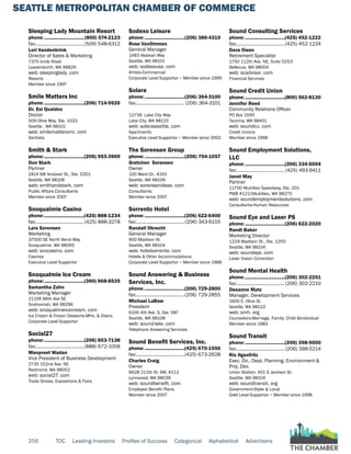 SEATTLE METROPOLITAN CHAMBER OF COMMERCE
256 TOC Leading Investors Profiles of Success Categorical Alphabetical Advertisers
Sleeping Lady Mountain Resort
phone:...............................(800) 574-2123
fax:......................................(509) 548-6312
Lori Vandenbrink
Director of Sales & Marketing
7375 Icicle Road
Leavenworth, WA 98826
web: sleepinglady. com
Resorts
Member since 1997
Smile Matters Inc
phone:...............................(206) 714-9526
Dr. Esi Quaidoo
Doctor
509 Olive Way, Ste. 1033
Seattle , WA 98101
web: smilemattersinc. com
Dentists
Smith & Stark
phone:...............................(206) 953-3969
Don Stark
Partner
2414 SW Andover St., Ste. D201
Seattle, WA 98106
web: smithandstark. com
Public Affairs Consultants
Member since 2007
Snoqualmie Casino
phone:...............................(425) 888-1234
fax:......................................(425) 888-3278
Lars Sorensen
Marketing
37500 SE North Bend Way
Snoqualmie, WA 98065
web: snocasino. com
Casinos
Executive Level Supportor
Snoqualmie Ice Cream
phone:...............................(360) 668-8535
Samantha Zahn
Marketing Manager
21106 86th Ave SE
Snohomish, WA 98296
web: snoqualmieicecream. com
Ice Cream & Frozen Desserts-Mfrs. & Distrs.
Corporate Level Supportor
Social27
phone:...............................(206) 853-7138
fax:......................................(888) 672-1058
Manpreet Wadan
Vice President of Business Development
2735 152nd Ave. NE
Redmond, WA 98052
web: social27. com
Trade Shows, Expositions & Fairs
Sodexo Leisure
phone:...............................(206) 386-4319
Rose VanOmmen
General Manager
1483 Alaskan Way
Seattle, WA 98101
web: sodexousa. com
Artists-Commercial
Corporate Level Supportor ~ Member since 1999
Solara
phone:...............................(206) 364-3100
fax:...................................... (206) 364-3101
12736 Lake City Way
Lake City, WA 98125
web: solaraseattle. com
Apartments
Executive Level Supportor ~ Member since 2002
The Sorensen Group
phone:...............................(206) 794-1057
Gretchen Sorensen
Owner
100 Ward Dr., #201
Seattle, WA 98109
web: sorensenideas. com
Consultants
Member since 2007
Sorrento Hotel
phone:...............................(206) 622-6400
fax:......................................(206) 343-6155
Randall Obrecht
General Manager
900 Madison St.
Seattle, WA 98104
web: hotelsorrento. com
Hotels & Other Accommodations
Corporate Level Supportor ~ Member since 1988
Sound Answering & Business
Services, Inc.
phone:...............................(206) 729-2800
fax:......................................(206) 729-2855
Michael LaBaw
President
6100 4th Ave. S, Ste. 587
Seattle, WA 98108
web: sound-tele. com
Telephone Answering Services
Sound Benefit Services, Inc.
phone:...............................(425) 670-1556
fax:......................................(425) 673-2628
Charles Craig
Owner
6628 212th St. SW, #112
Lynnwood, WA 98036
web: soundbenefit. com
Employee Benefit Plans
Member since 2007
Sound Consulting Services
phone:...............................(425) 452-1222
fax:......................................(425) 452-1224
Dave Owen
Retirement Specialist
1750 112th Ave. NE, Suite D253
Bellevue, WA 98004
web: scadvisor. com
Financial Services
Sound Credit Union
phone:...............................(800) 562-8130
Jennifer Reed
Community Relations Officer
PO Box 1595
Tacoma, WA 98401
web: soundcu. com
Credit Unions
Member since 1998
Sound Employment Solutions,
LLC
phone:...............................(206) 334-5004
fax:...................................... (425) 493-9411
Janet May
Partner
11700 Mukilteo Speedway, Ste. 201
PMB #1211Mukilteo, WA 98275
web: soundemploymentsolutions. com
Consultants-Human Resources
Sound Eye and Laser PS
phone:...............................(206) 622-2020
Randi Baker
Marketing Director
1229 Madison St., Ste. 1250
Seattle, WA 98104
web: soundeye. com
Laser Vision Correction
Sound Mental Health
phone:...............................(206) 302-2251
fax:......................................(206) 302-2210
Deeanne Matz
Manager, Development Services
1600 E. Olive St.
Seattle, WA 98122
web: smh. org
Counselors-Marriage, Family, Child &Individual
Member since 1983
Sound Transit
phone:...............................(206) 398-5000
fax:......................................(206) 398-5214
Ric Ilgenfritz
Exec. Dir., Dept. Planning, Envirionment &
Proj. Dev.
Union Station, 401 S Jackson St.
Seattle, WA 98104
web: soundtransit. org
Government-State & Local
Gold Level Supportor ~ Member since 1998
 