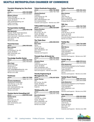 SEATTLE METROPOLITAN CHAMBER OF COMMERCE
264 TOC Leading Investors Profiles of Success Categorical Alphabetical Advertisers
Translink Shipping Inc/Sea Rank
Intl. Inc.
phone:...............................(206) 363-8888
fax:......................................(206) 363-8667
Barbara Johnson
Station Manager
15020 Bothell Way N.E., Ste. 100
Seattle, WA 98155
web: translinkshipping. com
Freight Forwarding
Member since 1993
Transportation Institute
phone:...............................(206) 443-1738
Rich Berkowitz
Director, Pacific Coast Operations
2200 Alaskan Way., Ste. 110
World Trade Center - WestSeattle, WA 98121
web: trans-inst. org
Associations
Member since 1989
Travel Services
phone:...............................(206) 935-1021
Mark Johnson
President
505 Broadway E, Ste. 401
Seattle, WA 98102
web: tvl-services. com
Travel Agencies
Travelodge Seattle Center
phone:...............................(206) 441-7878
fax:......................................(206) 448-4825
Chris Tudor
General Manager
200 6th Ave. N.
Seattle, WA 98109
web: travelodgeseattlecenter. com
Hotels & Other Accommodations
Member since 1996
Treehouse
phone:...............................(206) 767-7000
fax:...................................... (206) 737-7773
Christine Ball-Blakely
Development Coordinator
2100 24th Ave. S., Ste. 200
Seattle, WA 98144
web: treehouseforkids. org
Nonprofit Organizations
Member since 2003
Trenton Harris Consulting LLC
phone:...............................(206) 201-1160
Trenton Harris
President
6523 Latona Ave. NE
Seattle, WA 98115
web: trentonharris. com
Consultants
Trident Seafoods Corporation
phone:...............................(206) 783-3818
fax:...................................... (206) 782-7195
Charles Bundrant
President
5303 Shilshole Ave. NW
Seattle, WA 98107
web: tridentseafoods. com
Fish & Seafood-Whsle.
Corporate Level Supportor ~ Member since 1987
Trillium360 Consulting, LLC
phone:...............................(206) 310-1657
Patrice Donohue
Co-President
600 1st Ave., Ste. 221
Seattle, WA 98104
web: trillium360. com
Management Consultants
The Triple Door
phone:...............................(206) 838-4333
Rick Yoder
Owner
216 Union St
Seattle, WA 98101
web: thetripledoor. net
Restaurants
Corporate Level Supportor
Triumph Expo & Events Inc
phone:...............................(206) 431-1010
fax:......................................(206) 431-2643
Christine Skrak
President
12614 Interurban Ave S
Seattle, WA 98168
web: triumphexpo. com
Convention Services & Facilities
Gold Level Supportor ~ Member since 2000
Triunity Engineering &
Management, Inc.
phone:...............................(720) 367-5234
Jonnie Thomas
CEO
801 2nd Ave., Ste. 800
Seattle, WA 98104
web: triunityeng. com
Engineers
TRUEbenefits, LLC
phone:...............................(206) 623-2448
fax:......................................(206) 467-1783
Brent Schlosstein
Principal
1215 4th Ave., #2200
Seattle, WA 98161
web: truebenefits. net
Insurance Consultants
Member since 2008
Trutina Financial
phone:...............................(425) 401-1211
fax:...................................... (425) 401-1231
Steve Herman
Partner
10811 Main St.
Bellevue, WA 98004
web: trutinafinancial. com
Employee Benefit Plans
TSC, Inc.
phone:...............................(206) 722-7535
fax:......................................(206) 722-1870
Terry Spring
President
5700 6th Ave S., Ste 210
Seattle, WA 98108
web: tscinc. com
Computers-System Designers &Consultants
Member since 2002
Tulalip Bay
phone:...............................(360) 716-1500
fax:......................................(360) 653-5068
Matt Warren
Maitre'd
10200 Quil Ceda Blvd.
Tulalip, WA 98271
web: tulalipresort. com
Restaurants
Executive Level Supportor ~ Member since 1997
Tulalip Bingo
phone:...............................(888) 272-1111
fax:......................................(360) 653-5068
Anita Rutherford
Administrative Assistant to the President
10200 Quil Ceda Blvd.
Tulalip, WA 98271
web: tulalipresort. com
Casinos
Executive Level Supportor ~ Member since 2006
Tulalip Resort Casino
phone:...............................(888) 272-1111
fax:......................................(360) 653-5068
Anita Rutherford
Administrative Assistant to the President
10200 Quil Ceda Blvd.
Tulalip, WA 98271
web: tulalipresort. com
Casinos
Executive Level Supportor ~ Member since 2006
Tulio Ristorante
phone:...............................(206) 624-5500
fax:......................................(206) 623-0568
Douglass Logan
General Manager
1100 5th Ave.
Seattle, WA 98101
web: tulio. com
Restaurants
Corporate Level Supportor ~ Member since 1996
 