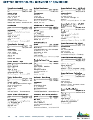 SEATTLE METROPOLITAN CHAMBER OF COMMERCE
266 TOC Leading Investors Profiles of Success Categorical Alphabetical Advertisers
Unico Properties LLC
phone:...............................(206) 628-5050
fax:......................................(206) 628-5067
Quentin Kuhrau
President & CEO
1215 4th Ave., Ste. 600
Seattle, WA 98161
web: unicoprop. com
Real Estate-Commercial & Investment
Corporate Level Supportor ~ Member since 1957
Union Bank
phone:...............................(206) 587-6100
fax:......................................(206) 587-3636
Brian Hawley
SVP, Head of Pacific Northwest Branch
Banking
901 5th Ave., Ste. 1200
Seattle, WA 98164
web: unionbank. com
Banks
Silver Level Supportor ~ Member since 2007
Union Pacific Railroad
phone:...............................(503) 249-3079
fax:...................................... (402) 233-3162
Brock Nelson
Director of Public Affairs
301 NE 2nd Ave.
Portland, OR 97232
web: up. com
Railroads
Corporate Level Supportor
United Airlines Cargo
phone:...............................(206) 433-4065
Nancy Muramoto
Account Executive
2380 S 166th
Seattle, WA 98158
web: unitedcargo. com
Air Freight & Package Express
Silver Level Supportor ~ Member since 1998
United Airlines, Inc.
phone:...............................(206) 988-7171
fax:......................................(206) 433-4342
Melinda Franklin
Dir., Gov. & Public Affairs, Western Region
SeaTac International Airport
Seattle, WA 98158
web: ual. com
Airlines
Silver Level Supportor ~ Member since 1948
United States Postal Service
phone:...............................(206) 442-6170
fax:......................................(206) 378-2526
Nick Coleman
Manager, Shipping & Mailing Solutions
7241 185th Ave NE, Rm. 31
Redmond, WA 98052
web: usps. com
Mailing Services
United Warehouses
phone:...............................(206) 682-4535
fax:......................................(206) 682-3564
Thomas Herche
President
P.O. Box 3837
Seattle, WA 98124
web: unitedwarehouses. com
Warehouses-Merchandise & Self Storage
Member since 2003
United Way of King County
phone:...............................(206) 461-3700
fax:......................................(206) 461-8435
Jon Fine
President & CEO
720 2nd Ave.
Seattle, WA 98104
web: unitedwayofkingcounty. org
Social Service Organizations
Member since 1973
UnitedHealthcare
phone:...............................(206) 236-2500
fax:......................................(206) 232-3099
David Hansen
Chief Executive Officer - Pacific Northwest
7525 SE 24th St., Ste. 200
Mercer Island, WA 98040
web: uhc. com
Health Care Plans
Corporate Level Supportor ~ Member since 2006
The Unity Group, Inc.
phone:...............................(360) 647-9000
fax:......................................(360) 734-8496
Kari Glennon
Head of Sales & Marketing
110 Unity St.
Bellingham, WA 98225
web: theunitygroup. com
Insurance
Member since 2007
University Book Store
phone:...............................(206) 634-3400
fax:......................................(206) 634-0810
Louise Little
CEO
4326 University Way NE
Seattle, WA 98105
web: ubookstore. com
Books-New
Corporate Level Supportor ~ Member since 1955
University Book Store - Bellevue
phone:...............................(425) 462-4500
fax:......................................(425) 646-3340
Kim Henry
990 102nd Ave. N.E.
Bellevue, WA 98004
web: bookstore.washington.edu
Books-New
Corporate Level Supportor ~ Member since 1999
University Book Store - Mill Creek
phone:...............................(425) 385-3530
fax:......................................(425) 325-3515
Josephine Bobbitt
15311 Main St.
Mill Creek, WA 98012
web: bookstore.washington.edu
Books-New
Corporate Level Supportor ~ Member since 1999
University Book Store - UW/CCC
Bothell Campus Store
phone:...............................(425) 352-3344
fax:......................................(425) 352-3345
Chris Zempel
Manager
18325 Campus Way N.E., Ste. 102
Bothell, WA 98011
web: bookstore.washington.edu
Books-New
Corporate Level Supportor ~ Member since 1999
University Cooperative School
phone:...............................(206) 524-0653
Jeanne Garland
Manager
5601 University Way NE
Seattle, WA 98105
web: ucoopschool. org
Schools-Academic-Preschool & Kindergarten
University House at Issaquah
phone:...............................(425) 557-4200
fax:...................................... (425) 557-4213
22975 S.E. Black Nugget Rd.
Issaquah, WA 98029
web: eraliving. com
Retirement & Life Care Communities & Homes
Corporate Level Supportor ~ Member since 2004
University House, Wallingford
phone:...............................(206) 545-8400
fax:......................................(206) 545-2887
4400 Stone Way N
Seattle, WA 98103
web: eraliving. com
Retirement & Life Care Communities & Homes
Corporate Level Supportor
University Motel Suites
phone:...............................(800) 522-4720
fax:......................................(206) 522-4728
Debbie Bennett
President & CEO
4731 12th Ave. N.E.
Seattle, WA 98105
web: universitymotelsuites. com
Hotels & Other Accommodations
Member since 2000
 