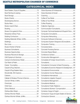 SEATTLE METROPOLITAN CHAMBER OF COMMERCE
46 TOC Leading Investors Profiles of Success Categorical Alphabetical Advertisers
Boat Dealers, Equip & Supplies............................ 73
Boat Renting & Leasing........................................ 73
Boat Storage........................................................ 73
Boats-Charter...................................................... 73
Bookkeeping Service........................................... 73
Books-New.......................................................... 73
Books-Used & Rare............................................. 73
Bowling................................................................ 73
Boxes-Corrugated & Fibre................................... 74
Breweries & Brew Pubs....................................... 74
Building Contractors............................................ 74
Building Materials-Whsle. & Mfrs.......................... 74
Buildings.............................................................. 74
Bus Lines............................................................. 74
Buses-Charter & Rental....................................... 74
Business Consultants........................................... 74
Business Opportunities........................................ 75
Business Records & Storage............................... 75
CAD Systems & Services..................................... 75
Candy & Confectionery-Retail.............................. 75
Car Wash & Polish............................................... 75
Career Counseling.............................................. 76
Carpet & Rug Cleaners........................................ 76
Carpet & Rug Dealers-New.................................. 76
Woodinville, WA Casinos..................................... 76
Caterers............................................................... 76
Cellular & Wireless Phones & Service................... 79
Cement-Whsle. & Mfrs......................................... 79
Chemicals............................................................ 79
Child Care............................................................ 79
Clinics-Medical..................................................... 79
Clothes-Men-Retail.............................................. 80
Clothes-Women-Retail......................................... 81
Clothes-Women-Whsle. & Mfrs............................ 81
Clubs-Business & Professional............................. 81
Clubs-Business & Social...................................... 81
Coaching............................................................. 81
Coffee & Tea-Retail.............................................. 81
Coffee & Tea-Whsle............................................. 82
Coffee Roasting................................................... 82
Collection Agencies.............................................. 82
Communication Consultants................................ 82
Computer Technical Assistance & Support Svcs..... 82
Computers-Consultants....................................... 82
Computers-Networking........................................ 82
Computer-Software & Services............................ 83
Computers-System Designers &Consultants....... 84
Computers-Training............................................. 84
Concessionaires................................................... 84
Concrete Pumping Service.................................. 85
Concrete-Ready Mixed........................................ 85
Conference Centers............................................. 85
Construction Management................................... 85
Consulates & Foreign Governments..................... 85
Consultants.......................................................... 85
Consultants-Computer & Data Processing.......... 86
Consultants-Economic Research & Development... 87
Consultants-Environmental.................................. 87
Consultants-Human Resources........................... 87
Consultants-International..................................... 87
Consultants-Litigation Support............................. 87
Consultants-Management.................................... 87
Consultants-Medical............................................ 87
Consultants-Public Relations............................... 87
Consultants-Workers' Compensation.................. 88
Container-Cargo & Freight................................... 88
Contractors' Equip & Supls-Dealers & Service..... 88
Contractors-General............................................ 88
Categorical Index
 