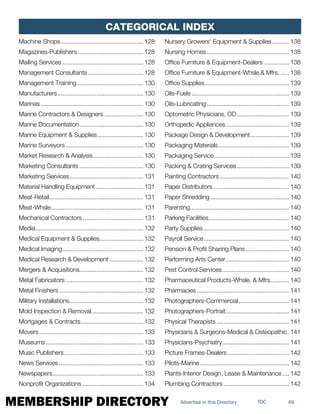 MEMBERSHIP DIRECTORY 49TOCAdvertise in this Directory
Machine Shops.................................................. 128
Magazines-Publishers........................................ 128
Mailing Services................................................. 128
Management Consultants.................................. 128
Management Training........................................ 130
Manufacturers.................................................... 130
Marinas.............................................................. 130
Marine Contractors & Designers........................ 130
Marine Documentation....................................... 130
Marine Equipment & Supplies............................ 130
Marine Surveyors............................................... 130
Market Research & Analysis............................... 130
Marketing Consultants....................................... 130
Marketing Services............................................. 131
Material Handling Equipment............................. 131
Meat-Retail......................................................... 131
Meat-Whsle........................................................ 131
Mechanical Contractors..................................... 131
Media................................................................. 132
Medical Equipment & Supplies........................... 132
Medical Imaging................................................. 132
Medical Research & Development..................... 132
Mergers & Acquisitions...................................... 132
Metal Fabricators............................................... 132
Metal Finishers................................................... 132
Military Installations............................................. 132
Mold Inspection & Removal................................ 132
Mortgages & Contracts...................................... 132
Movers............................................................... 133
Museums........................................................... 133
Music Publishers................................................ 133
News Services................................................... 133
Newspapers....................................................... 133
Nonprofit Organizations..................................... 134
Nursery Growers' Equipment & Supplies........... 138
Nursing Homes.................................................. 138
Office Furniture & Equipment-Dealers................ 138
Office Furniture & Equipment-Whsle.& Mfrs....... 138
Office Supplies................................................... 139
Oils-Fuels........................................................... 139
Oils-Lubricating.................................................. 139
Optometric Physicians, OD................................ 139
Orthopedic Appliances....................................... 139
Package Design & Development........................ 139
Packaging Materials........................................... 139
Packaging Service............................................. 139
Packing & Crating Services................................ 139
Painting Contractors.......................................... 140
Paper Distributors.............................................. 140
Paper Shredding................................................ 140
Parenting............................................................ 140
Parking Facilities................................................. 140
Party Supplies.................................................... 140
Payroll Service.................................................... 140
Pension & Profit Sharing Plans........................... 140
Performing Arts Center...................................... 140
Pest Control Services......................................... 140
Pharmaceutical Products-Whsle. & Mfrs............ 140
Pharmacies........................................................ 141
Photographers-Commercial............................... 141
Photographers-Portrait...................................... 141
Physical Therapists............................................ 141
Physicians & Surgeons-Medical & Osteopathic.. 141
Physicians-Psychiatry......................................... 141
Picture Frames-Dealers...................................... 142
Pilots-Marine...................................................... 142
Plants-Interior Design, Lease & Maintenance..... 142
Plumbing Contractors........................................ 142
Categorical Index
 