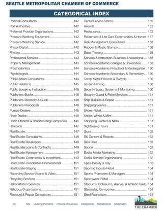 SEATTLE METROPOLITAN CHAMBER OF COMMERCE
50 TOC Leading Investors Profiles of Success Categorical Alphabetical Advertisers
Political Consultants........................................... 142
Port Authorities.................................................. 142
Preferred Provider Organizations........................ 142
Pressure Washing Equipment............................ 142
Pressure Washing Service.................................. 142
Printer-Digital...................................................... 142
Printers............................................................... 143
Professional Services......................................... 143
Property Management....................................... 143
Prosthodontics................................................... 144
Psychologists..................................................... 144
Public Affairs Consultants................................... 144
Public Relations.................................................. 145
Public Speaking Instruction................................ 146
Publishers-Books............................................... 146
Publishers-Directory & Guide............................. 146
Publishers-Periodicals........................................ 146
Pumps-Dealers.................................................. 146
Race Tracks....................................................... 146
Radio Stations & Broadcasting Companies....... 146
Railroads............................................................ 147
Real Estate......................................................... 147
Real Estate Consultants..................................... 148
Real Estate Developers...................................... 148
Real Estate Loans & Contracts.......................... 149
Real Estate Management................................... 149
Real Estate-Commercial & Investment............... 149
Real Estate-Residential & Recreational............... 151
Real Estate-Staging........................................... 151
Recording Service-Sound & Video..................... 151
Recycling Services............................................. 151
Rehabilitation Services....................................... 151
Religious Organizations...................................... 151
Remodel & Repair Contractors.......................... 151
Rental Service Stores......................................... 152
Resorts.............................................................. 152
Restaurants........................................................ 152
Retirement & Life Care Communities & Homes.. 157
Risk Management Consultants.......................... 158
Rubber & Plastic Stamps................................... 158
Sales Training..................................................... 158
Schools & Instruction-Business & Vocational..... 158
Schools-Academic-Colleges & Universities........ 158
Schools-Academic-Preschool & Kindergarten... 160
Schools-Academic-Secondary & Elementary..... 160
Scrap Metal-Process & Recycle......................... 160
Screen Printing................................................... 160
Security Equip, Systems & Monitoring............... 160
Security Guard & Patrol Services....................... 161
Ship Builders & Repair....................................... 161
Shipping Service................................................ 161
Shoes-Retail....................................................... 161
Shoes-Whsle & Mfrs.......................................... 161
Shopping Centers & Malls.................................. 161
Sightseeing Tours.............................................. 161
Signs.................................................................. 162
Ski Centers & Resorts........................................ 162
Skin Care........................................................... 162
Soccer............................................................... 162
Social Media Marketing...................................... 162
Social Service Organizations.............................. 162
Spas-Beauty & Day............................................ 163
Sporting Goods-Retail........................................ 164
Sports Promoters & Managers........................... 164
Sportswear-Retail.............................................. 164
Stadiums, Coliseums, Arenas, & Athletic Fields.. 164
Steamship Companies....................................... 164
Steel Fabricators................................................ 164
Categorical Index
 