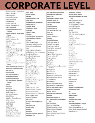 ClearChannel Media + Entertainment
Clothier & Head, P.S.
Coffman Engineers
Coherent Interactive, Inc.
Colliers International
CollinsWoerman
Columbia Tower Club
Coolearth Technologies, Inc.
CORESTAFF Services
Cornerstone International Group
Advisors
Courtyard by Marriott Seattle Pioneer
Square
CRISTA Ministries
Daily Grill Restaurant - Bar
Darigold, Inc.
Dick’s Drive-In Restaurants, Inc.
Discovery Institute
DLR Group
Doubletree by Hilton Seattle Airport
Dr. Timothy J. Butson DMD, MSD
Edelman Public Relations
Emerald City Charters (Let’s Go Sailing)
Emerald Downs
Era Living
Europa Sports Products
Farmers Insurance Agency Development
Center
Farmers New World Life Insurance Co.
Federal Home Loan Bank of Seattle
FiberCloud, Inc.
First Sound Bank
Fixed Asset Consulting LLC
For Rent Media Solutions
Four Seasons Hotel Seattle
Franz Family Bakeries, Washington
Division
Freeman
FusionStorm
GameWorks
Garvey Schubert Barer
Gifts By Design, Inc.
Glant Pacific Companies
Global Fulfillment
Gold’s Gym - Seattle Downtown
Graham & Dunn
Grand Hyatt Seattle
GUESTHOUSE
Hard Rock Cafe
HDR Engineering, Inc.
Henley Leadership Group
Herban Feast Catering & Events
Hersman Serles Almond, PLLC
Hillis Clark Martin & Peterson
Hilton Seattle
Hitachi Consulting
HMSHost
Holiday Inn Seattle Center
Home Depot
Homewood Suites Seattle Airport
Horizon Lines, LLC
Hotel Max Seattle
Hotel Monaco Seattle
Hotel Nexus
Howard S. Wright
HR Insight
HUB International Northwest, LLC
Hyatt Place Seattle Downtown
Il Fornaio
INetU Managed Hosting
International Media Partners Inc.
Invista Performance Solutions
Ivar’s
Jacobs Engineering Group Inc.
Jet City Improv - Wing-It Productions
Jones Lang LaSalle, Inc.
Jones Stevedoring Company
Jos.A.Bank Clothiers
Kapstone Container
Karr Tuttle Campbell
KCPQ-TV
Keeney’s Office Supply & Interiors
Kim Ricketts Book Events
Kindred Hospital Seattle
Kinzer Real Estate Services
Kusak Cut Glass Works, Inc.
Lacy & Par, Inc.
Lafarge Corporation
Laird Norton Wealth Management
Lease Crutcher Lewis
Legacy at Pratt Park
LMN
Lufthansa German Airlines
Madrona Solutions Group, Inc.
Manson Construction Co.
Marriott Residence Inn - Lake Union
Martin Selig Real Estate
Mayflower Park Hotel
MBI Systems
McRoberts Protective Agency Inc
Mercer
Metropolitan Grill
Miner’s Landing
Mirabella
Mithun, Inc.
Mitsubishi Corporation (Americas)
Moss Adams LLP
Seattle Pacific University
Securitas Security Services
Seed Intellectual Property Law Group
PLLC
Sellen Construction Co. Inc.
Servco Pacific Insurance
SH Worldwide & MTR Western
Shannon & Wilson, Inc.
Sharp Business Systems
SightLife
Silver Cloud Hotels
Silver Creek Capital Management
Skanska
Snoqualmie Ice Cream
Sodexo Leisure
Sorrento Hotel
SpringHill Suites Seattle Downtown
State Farm
Sterling Bank
Suncadia
Stevens Pass
The Capital Grille
The Polyclinic
Tommy Bahama
Total Outdoor Corporation
Trident Seafoods Corporation
Tulio Ristorante
tw telecom
U-Haul
Unico Properties LLC
Union Pacific Railroad
UnitedHealthcare
University Book Store
UPS
URS Corporation
Uwajimaya, Inc.
Vitamin T
W Seattle
Waggener Edstrom Worldwide
Warwick Seattle Hotel
WCI
WCP Solutions
Weber Shandwick
Wild Ginger
Willamette Dental Group
Work Clinic
Workforce Development Council of
Seattle-King County
Xtreme Consulting Group, Inc.
Zimmer Gunsul Frasca Architects LLP
Zynga Games, Inc.
New York Life Insurance Company
Newmark Grubb Knight Frank
Nexus IS, Inc.
Northeastern University - Seattle
Northland Services Inc.
Oberto Sausage Company
OKI Golf
Omeros Corporation
On Safari Foods, Inc.
One PacificCoast Bank, FSB
Onvia, Inc.
OpenSquare
Opus 111 Group, L.L.C.
OpusBank
Orange Cab Company
Pacific Coast Feather Co.
Pan Pacific Hotel Seattle
Parker Smith & Feek, Inc.
Parker Staffing Services, LLC
Parsons Corporation
Peak Systems
Pegasus - Global Holdings, Inc.
Peterson Sullivan LLP
Philips Healthcare
Piper Jaffray
PlayNetwork
Plaza Bank
Presbyterian Retirement Communities
Northwest
Printing Control
Propel Insurance
PSF Industries, Inc.
Puget Sound Business Journal
Pyramid Breweries & Alehouse
Quadrant Homes
R.C. Hedreen Co.
Radisson Hotel Seattle Airport
Ray’s Boathouse, Cafe & Catering
Red Lion Hotel on Fifth Avenue
Renaissance Seattle Hotel
Republic Services
Resources Global Professionals
Responza
Restaurants Unlimited, Inc.
Rick Steves’ Europe Through the Back
Door
Salal Credit Union
Savers Inc. / Value Village
Schwabe, Williamson & Wyatt
Schwartz Brothers Restaurants
Seattle Air Ventures
Seattle Biomedical Research Institute
Seattle Center
CORPORATE LEVEL
 