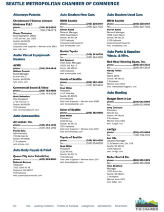 SEATTLE METROPOLITAN CHAMBER OF COMMERCE
66 TOC Leading Investors Profiles of Success Categorical Alphabetical Advertisers
Attorneys-Patents
Christensen O'Connor Johnson
Kindness PLLC
phone:...............................(206) 682-8100
fax:...................................... (206) 224-0779
Stacey Thompson
Chief Operation Officer
1420 5th Ave., Ste. 2800
Seattle, WA 98101
150 Employees
Corporate Level Supportor ~ Member since 1963
web: cojk. com
Audio Visual Equipment-
Dealers
AVMS
phone:.............................. (206) 694-4444
William Pounds
Event Manager
814 6th Ave. S
Seattle, WA 98134
web: avms. com
Commercial Sound & Video
phone:...............................(206) 762-8903
fax:......................................(206) 763-8299
Mark Bellesiles
Vice President
2732 First Ave. S
Seattle, WA 98134
10 Employees
web: commercialsound. com
Auto Accessories
Air Locker, Inc.
phone:...............................(425) 264-1391
fax:......................................(425) 264-1392
Florito Ileto
Administrator
720 SW 34th St.
Renton, WA 98057
27 Employees
web: arbusa. com
Auto Body Repair & Paint
Queen City Auto Rebuild Inc
phone:...............................(425) 883-3300
Deborah Borman
Treasurer
7502 159th PL NE
Redmond, WA 98052
40 Employees
web: queencityautorebuild. com
Auto Dealers-New Cars
BMW Seattle
phone:...............................(206) 328-8787
fax:......................................(206) 322-7021
Steven Bates
General Manager
1002 Airport Way S
Seattle, WA 98134
110 Employees
Corporate Level Supportor
web: bmwseattle. com
Burien Toyota
phone:...............................(206) 243-0700
fax:......................................(206) 244-4305
Kirk Spencer
Fleet Sales Manager
15025 1st Ave. S
Burien, WA 98148
130 Employees
web: burientoyota. com
Honda of Seattle
phone:...............................(206) 382-4300
fax:......................................(206) 382-8841
Brad Miller
President
1015 Olive Way
Seattle, WA 98101
60 Employees
Gold Level Supportor ~ Member since 1988
web: hondaofseattle. com
Scion of Seattle
phone:...............................(206) 382-8800
Brad Miller
President
2121 8th Ave.
Seattle, WA 98121
100 Employees
Gold Level Supportor ~ Member since 2007
web: scionofseattle. com
Toyota of Seattle
phone:...............................(206) 382-4300
fax:......................................(206) 654-8299
Brad Miller
President
2121 8th Ave.
Seattle, WA 98121
70 Employees
Gold Level Supportor ~ Member since 2007
web: toyotaofseattle. com
Auto Dealers-Used Cars
BMW Seattle
phone:...............................(206) 328-8787
fax:......................................(206) 322-7021
Steven Bates
General Manager
1002 Airport Way S
Seattle, WA 98134
110 Employees
Corporate Level Supportor
web: bmwseattle. com
Auto Parts & Supplies-
Whsle. & Mfrs.
Red-Head Steering Gears, Inc.
phone:...............................(206) 364-3333
fax:......................................(206) 364-3534
Harvey Foster
Owner
900 N. 127th
Seattle, WA 98133
3 Employees
Member since 2004
web: redheadsteeringgears. com
Auto Renting
Budget Rent-A-Car
phone:...............................(206) 682-8989
fax:......................................(206) 621-8998
Jerry Costacos
President
801 4th Ave.
Seattle, WA 98104
8 Employees
Member since 1954
web: budget. com
car2go
phone:...............................(206) 420-4684
fax:...................................... (206) 708-7101
Ken Hills
Location Manager
3131 Western Ave., Ste. 324
Seattle, WA 98121
150 Employees
web: car2go. com
Dollar Rent A Car
phone:...............................(206) 381-1323
fax:......................................(206) 381-3908
Thim Stratford
Manager
1900 Boren Ave.
Seattle, WA 98101
3 Employees
Member since 2005
web: dollar. com
 