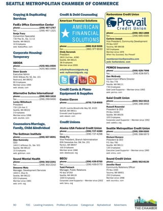 SEATTLE METROPOLITAN CHAMBER OF COMMERCE
90 TOC Leading Investors Profiles of Success Categorical Alphabetical Advertisers
Copying & Duplicating
Services
FedEx Office Convention Center
phone:...............................(206) 467-1767
fax:......................................(206) 467-1321
Sonja Tracy
Convention Specialist
735 Pike St., Ste. 11-13
Seattle, WA 98101
10 Employees
web: fedexoffice. com
Corporate Housing-
Temporary
ABODA
phone:...............................(425) 861-0500
fax:......................................(425) 861-0999
Dawn Quaale
Executive Admin
9040 Willows Rd. NE, Ste. 101
Redmond, WA 98052
85 Employees
Member since 1996
web: aboda. com
Alternative Suites International
phone:...............................(206) 860-1616
fax:......................................(206) 299-9490
Lenka Mittelbach
President
716 12th Ave. E
Seattle, WA 98102
3 Employees
Member since 1998
web: asuites. com
Counselors-Marriage,
Family, Child &Individual
The Gottman Institute
phone:...............................(206) 607-8691
Alan Kunovsky
CEO
1401 E Jefferson St., Ste. 501
Seattle, WA 98122
15 Employees
web: gottman. com
Sound Mental Health
phone:...............................(206) 302-2251
fax:......................................(206) 302-2210
Deeanne Matz
Manager, Development Services
1600 E. Olive St.
Seattle, WA 98122
450 Employees
Member since 1983
web: smh. org
Credit & Debt Counseling
American Financial Solutions
phone:...............................(888) 818-5006
fax:...................................... (360) 377-9033
Cindy Seremek
President
2815 2nd Ave., #280
Seattle, WA 98121
38 Employees
Member since 2000
aritz@myfinancialgoals.org
web: myfinancialgoals. org
Credit Cards & Plans-
Equipment & Supplies
Costco Elavon
phone:...............................(678) 719-8909
16125 Juanita-Woodinville Way NE, #420
Bothell, WA 98011
Emerald Level Supportor
web: elavon. com
Credit Unions
Alaska USA Federal Credit Union
phone:...............................(206) 727-4280
fax:......................................(206) 727-4298
Cindy Fry
Vice President, Branch Administration
606 Oakesdale Ave. SW, Ste. 201
Renton, WA 98057
100 Employees
Member since 1986
web: alaskausa. org
BECU
phone:...............................(206) 439-5700
fax:......................................(206) 439-5770
Todd Pietzsch
Manager, Public Relations
PO Box 97050
Seattle, WA 98124
1000 Employees
Corporate Level Supportor ~ Member since 2002
web: becu. org
Harborstone Credit Union
phone:...............................(206) 382-1888
fax:......................................(206) 695-4305
Carlene Joseph
Vice President, Community Development
PO Box 4207
Tacoma, WA 98438
58 Employees
Member since 1976
When You Succeed, You Prevail!
memberservice@prevailcu.com
web: harborstone. com
PEMCO Insurance
phone:...............................(206) 628-7998
fax:...................................... (206) 628-5971
Dan McGrady
Government Affairs Director
P.O. Box 778
Seattle, WA 98111
730 Employees
Gold Level Supportor ~ Member since 1993
web: pemco. com
Salal Credit Union
phone:...............................(800) 562-5515
fax:......................................(206) 298-3492
Russell Rosendal
President & CEO
PO Box 19340
Seattle, WA 98109
105 Employees
Corporate Level Supportor ~ Member since 1992
web: salalcu. org
Seattle Metropolitan Credit Union
phone:...............................(206) 398-5500
fax:......................................(206) 398-5673
Richard Romero
President & CEO
P.O. Box 780
Seattle, WA 98111
135 Employees
Executive Level Supportor ~ Member since 1995
web: smcu. com
Sound Credit Union
phone:...............................(800) 562-8130
Jennifer Reed
Community Relations Officer
PO Box 1595
Tacoma, WA 98401
250 Employees
Member since 1998
web: soundcu. com
 