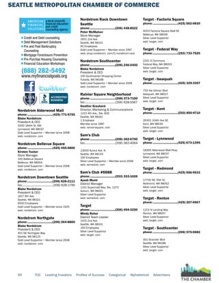 SEATTLE METROPOLITAN CHAMBER OF COMMERCE
94 TOC Leading Investors Profiles of Success Categorical Alphabetical Advertisers
Nordstrom Alderwood Mall
phone:...............................(425) 771-5755
Blake Nordstrom
President & CEO
3200 184th St. SW
Lynnwood, WA 98037
Gold Level Supportor ~ Member since 2008
web: nordstrom. com
Nordstrom Bellevue Square
phone:...............................(425) 455-5800
Kirsten Tucker
Store Manager
100 Bellevue Square
Bellevue, WA 98004
Gold Level Supportor ~ Member since 2008
web: nordstrom. com
Nordstrom Downtown Seattle
phone:...............................(206) 628-2111
fax:......................................(206) 628-1795
Blake Nordstrom
President & CEO
1617 6th Ave.
Seattle, WA 98101
6000 Employees
Gold Level Supportor ~ Member since 1925
web: nordstrom. com
Nordstrom Northgate
phone:...............................(206) 364-8800
Blake Nordstrom
President & CEO
401 NE Northgate Way
Seattle, WA 98125
Gold Level Supportor ~ Member since 2008
web: nordstrom. com
Nordstrom Rack Downtown
Seattle
phone:...............................(206) 448-8522
Peter McMahon
Store Manager
1601 2nd Ave.
Seattle, WA 98101
95 Employees
Gold Level Supportor ~ Member since 1997
web: shop.nordstrom. com/C/nordstrom-rack
Nordstrom Southcenter
phone:...............................(206) 246-0400
Blake Nordstrom
President & CEO
100 Southcenter Shopping Center
Tukwila, WA 98188
Gold Level Supportor ~ Member since 2008
web: nordstrom. com
Rainier Square Neighborhood
phone:...............................(206) 373-7100
fax:......................................(206) 628-5067
Heather Graubard
Director, Marketing & Communications
1215 4th Ave., Ste. 600
Seattle, WA 98161
1 Employee
Member since 1987
web: rainier-square. com
Sam's Club
phone:...............................(206) 362-6700
fax:......................................(206) 362-4064
13550 Aurora Ave. N
Seattle, WA 98133
100 Employees
Silver Level Supportor ~ Member since 2008
web: samsclub. com
Sam's Club #6688
phone:...............................(253) 333-1026
Ayesh Munir
District Manager
1101 Supermall Way, Ste. 1275
Auburn, WA 98001
Silver Level Supportor
web: samsclub. com
Target
phone:...............................(206) 494-3250
Mindy Reher
District Team Leader
1415 2nd Ave.
Seattle, WA 98101
100 Employees
Silver Level Supportor
web: target. com
Target - Factoria Square
phone:...............................(425) 562-0830
4053 Factoria Square Mall SE
Bellevue, WA 98006
Silver Level Supportor
web: target. com
Target - Federal Way
phone:...............................(253) 733-7520
2201 S Commons
Federal Way, WA 98003
Silver Level Supportor
web: target. com
Target - Issaquah
phone:...............................(425) 329-3357
755 Nw Gilman Blvd
Issaquah, WA 98027
Silver Level Supportor
web: target. com
Target - Kent
phone:...............................(253) 850-9710
26301 104th Ave SE
Kent, WA 98030
Silver Level Supportor
web: target. com
Target - Lynnwood
phone:...............................(425) 673-1395
18305 Alderwood Mall Pkwy
Lynnwood, WA 98037
Silver Level Supportor
web: target. com
Target - Redmond
phone:...............................(425) 556-9533
17700 NE 76th St.
Redmond, WA 98052
Silver Level Supportor
web: target. com
Target - Renton
phone:...............................(425) 207-0067
1215 N Landing Way
Renton, WA 98057
Silver Level Supportor
web: target. com
Target - Southcenter
phone:...............................(206) 575-0682
301 Strander Blvd
Seattle, WA 98188
Silver Level Supportor
web: target. com
AMERICAN
FINANCIAL
SOLUTIONS
a local nonprofit
financial education
and credit
counseling agency
• Credit and Debt counseling
• Debt Management Solutions
• Pre and Post Bankruptcy
Counseling
• Mortgage Foreclosure Prevention
• Pre-Purchas Housing Counseling
• Financial Education Workshops
(888) 282-5492
www.myfinancialgoals.org
 