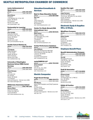 SEATTLE METROPOLITAN CHAMBER OF COMMERCE
96 TOC Leading Investors Profiles of Success Categorical Alphabetical Advertisers
Junior Achievement of
Washington
phone:...............................(206) 296-2600
fax:...................................... (206) 296-2617
David Moore
President
1700 Westlake Ave. N, Ste. 400
Seattle, WA 98109
22 Employees
Member since 1988
web: jawashington. org/
Partnership for Learning
phone:...............................(206) 625-9655
fax:......................................(206) 447-0502
Jana Carlisle
Executive Director
520 Pike St., Ste. 1212
Seattle, WA 98101
4 Employees
Member since 1995
web: partnership4learning. org
Seattle School District #1
phone:...............................(206) 252-0010
fax:......................................(206) 252-0102
José Banda
Superintendent
P.O. Box 34165
Seattle, WA 98124
4632 Employees
Member since 1981
web: seattleschools. org
University of Washington
Business School MBA Career
Services
phone:...............................(206) 685-2410
fax:......................................(206) 685-3463
Paula Klempay
Director
202 Lewis Hall
Box 353200
Seattle, WA 98195
11 Employees
Gold Level Supportor ~ Member since 1998
web: foster.washington.edu
Wilderness Awareness School
phone:...............................(425) 788-1301
Warren Moon
Executive Director
PO Box 219, PMB 137
Duvall, WA 98019
web: wildernessawareness. org
Education-Consultants &
Services
Best in Class Education Center
phone:...............................(425) 880-2688
Hao Lam
CEO
2100 E Spruce St.
Seattle, WA 98122
80 Employees
web: bestinclasseducation. com
Center For Study Abroad (CSA
International, Inc.)
phone:...............................(206) 583-8191
Alima Virtue
Program Director
325 Washington Ave S, #93
Kent, WA 98032
2 Employees
Member since 1999
web: centerforstudyabroad. com
Invista Performance Solutions
phone:...............................(253) 583-8861
John Williams
Business Development Manager
4500 Steilacoom Blvd SW, Bldg. 19
Lakewood, WA 98499
12 Employees
Corporate Level Supportor
web: invistaperforms. org
metaCAMPUS LLP
phone:...............................(206) 799-5492
Artom Katkoff
Founder
901 5th Ave., Ste. 3040
Seattle, WA 98164
web: metacampus. com
Electric Companies
Puget Sound Energy
phone:...............................(888) 225-5773
fax:......................................(425) 462-3300
Phil Bussey
Senior Vice President and Chief Customer
Officer
P.O. Box 97034
Bellevue, WA 98009
2800 Employees
Emerald Level Supportor ~ Member since 1917
web: pse. com
Seattle City Light
phone:...............................(206) 684-3200
fax:......................................(206) 684-3158
Jorge Carrasco
General Manager & CEO
700 5th Ave., Ste.3200, P.O. Box 34023
Seattle, WA 98124
1800 Employees
Gold Level Supportor ~ Member since 1966
web: seattle.gov/light
Electronic Equip & Supplies-
Mfrs. & Whsle.
MindPlace Company
phone:...............................(206) 632-1722
fax:.......................................(206) 632-1744
Robert Austin
President
PO Box 833
Eastsound, WA 98245
3 Employees
Member since 1993
web: mindplace. com
Employee Benefit Plans
Benefit Administration Company
phone:...............................(206) 625-1800
fax:......................................(206) 682-8016
Tim Hill
Managing Principal
1200 5th Ave., Ste. 1100
Seattle, WA 98004
25 Employees
Member since 2006
web: baclink. com
Dodd & Associates
phone:...............................(877) 316-8696
fax:......................................(425) 920-8227
Kimberly Dodd
Owner / Broker
325 Washington Ave. S, PMB 10
Kent, WA 98032
5 Employees
Member since 2008
Kibble & Prentice
phone:...............................(206) 441-6300
fax:......................................(877) 678-5844
Clark Daffern
Sr. Vice President
601 Union St., Ste. 1000
Seattle, WA 98101
267 Employees
Executive Level Supportor ~ Member since 1978
web: kpcom. com
 