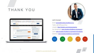 COPYRIGHT © 2018 CLOUD SECURITY ALLIANCE
22
T H A N K Y O U
Let’s Connect
Email: lsantos@cloudsecurityalliance.org
Twitter: @CSAResearchGuy
LinkedIn: https://linkedin.com/in/lucianojrsantos
Our Workgroups: www.cloudsecurityalliance.org/research
Learn: www.cloudsecurityalliance.org/research/cloudbytes
Download: www.cloudsecurityalliance.org/download
 