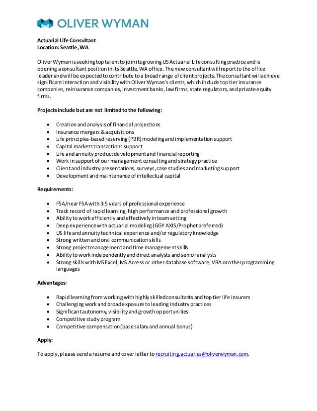 Us Life Actuarial Consultant Job Description Seattle