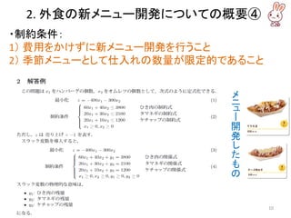 ・制約条件：
1） 費用をかけずに新メニュー開発を行うこと
2） 季節メニューとして仕入れの数量が限定的であること
2. 外食の新メニュー開発についての概要④
メ
ニ
ュ
ー
開
発
し
た
も
の
10
 