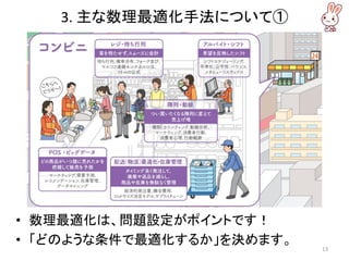 3. 主な数理最適化手法について①
• 数理最適化は、問題設定がポイントです！
• 「どのような条件で最適化するか」を決めます。 13
 