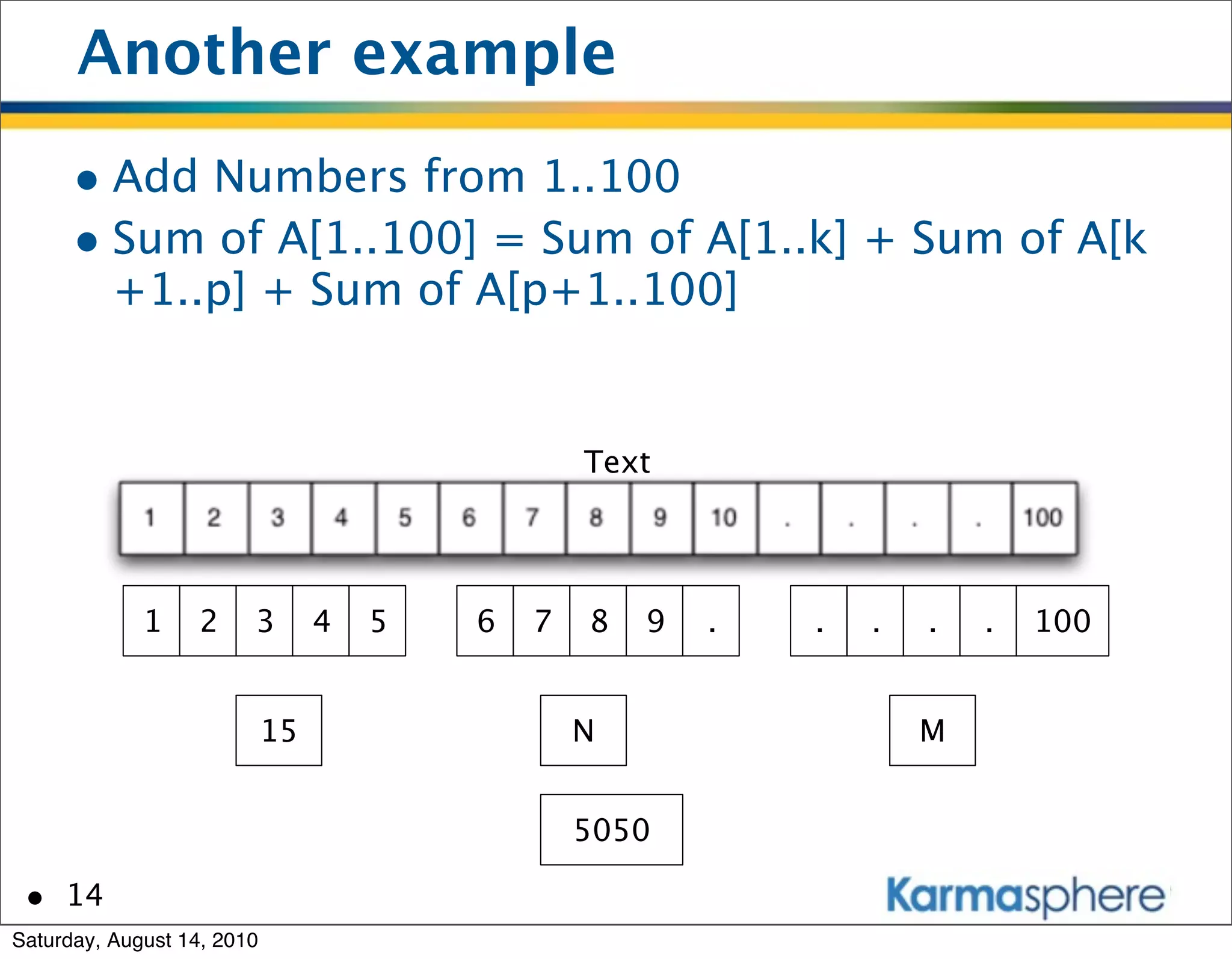 Another example
      • Add Numbers from 1..100
      • Sum of A[1..100] = Sum of A[1..k] + Sum of A[k
          +1..p] + Sum of A[p+1..100]


                                                 Text




             1     2    3        4   5   6   7   8   9   .   .   .   .   .   100


                            15                   N                   M


                                                 5050

 • 14
Saturday, August 14, 2010
 