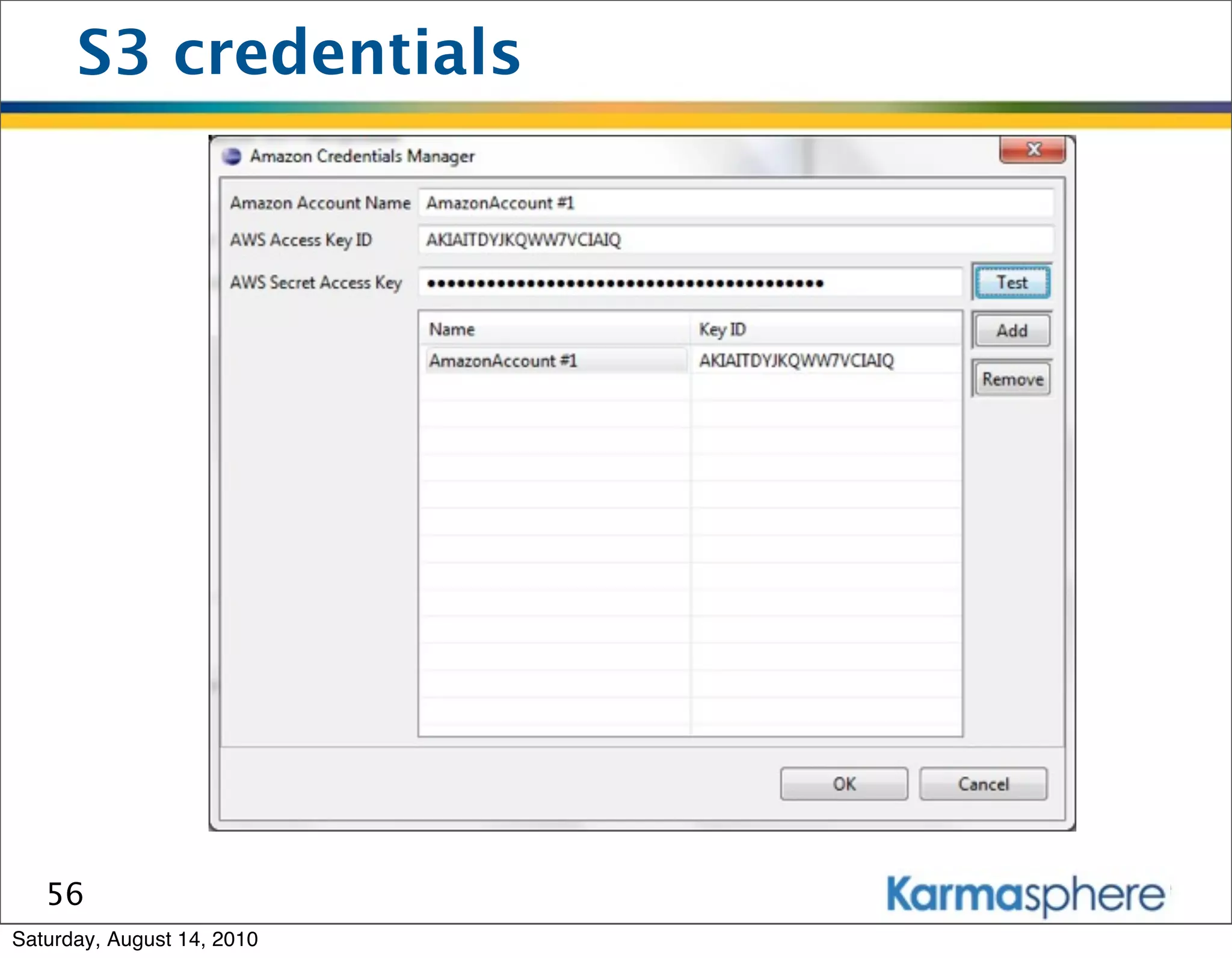 S3 credentials




   56
Saturday, August 14, 2010
 