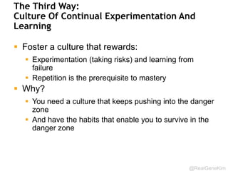 @RealGeneKim 
Breaking The Bottlenecks In The Flow 
 Environment creation 
 Code deployment 
 Test setup and run (mention @rohansingh) 
 Overly tight architecture 
 Development 
 Product management 
 