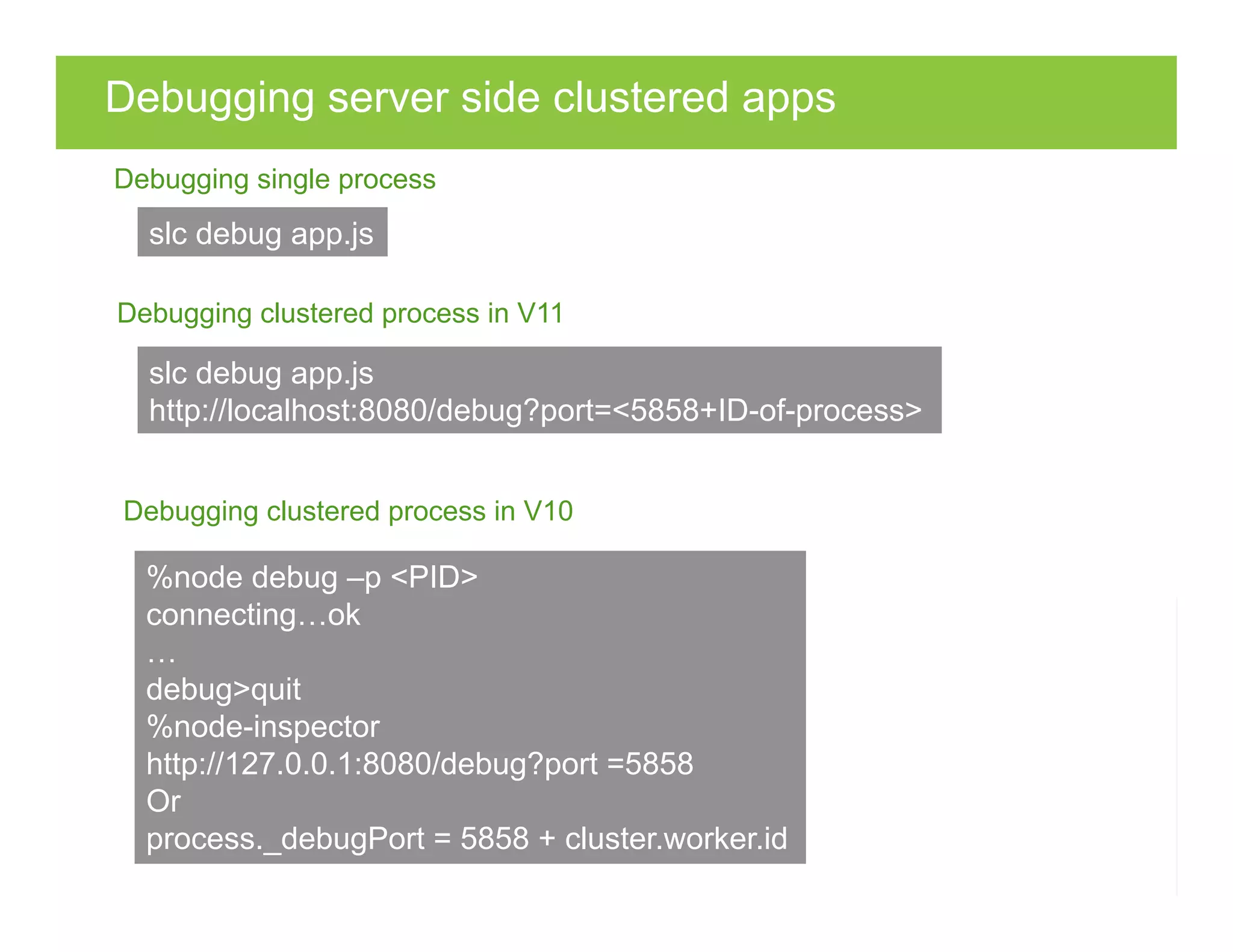 Debugging server side clustered apps
slc debug app.js
Debugging single process
slc debug app.js
http://localhost:8080/debug?port=<5858+ID-of-process>
Debugging clustered process in V11
%node debug –p <PID>
connecting…ok
…
debug>quit
%node-inspector
http://127.0.0.1:8080/debug?port =5858
Or
process._debugPort = 5858 + cluster.worker.id
Debugging clustered process in V10
 