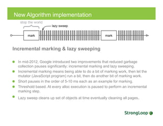 New Algorithm implementation
Incremental marking & lazy sweeping
  In mid-2012, Google introduced two improvements that reduced garbage
collection pauses significantly: incremental marking and lazy sweeping.
  Incremental marking means being able to do a bit of marking work, then let the
mutator (JavaScript program) run a bit, then do another bit of marking work.
  Short pauses in the order of 5-10 ms each as an example for marking.
  Threshold based. At every alloc execution is paused to perform an incremental
marking step.
  Lazy sweep cleans up set of objects at time eventually cleaning all pages.
 
