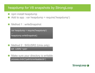 heapdump for V8 snapshots by StrongLoop
npm install heapdump
  Add to app : var heapdump = require(‘heapdump’)
  Method 1 : writeSnapshot
  Method 2 : SIGUSR2 (Unix only)
  Make sure your directory is writable
var heapdump = require('heapdump')
...
heapdump.writeSnapshot()
kill –USR2 <pid>
process.chdir('/path/to/writeable/dir’)
 