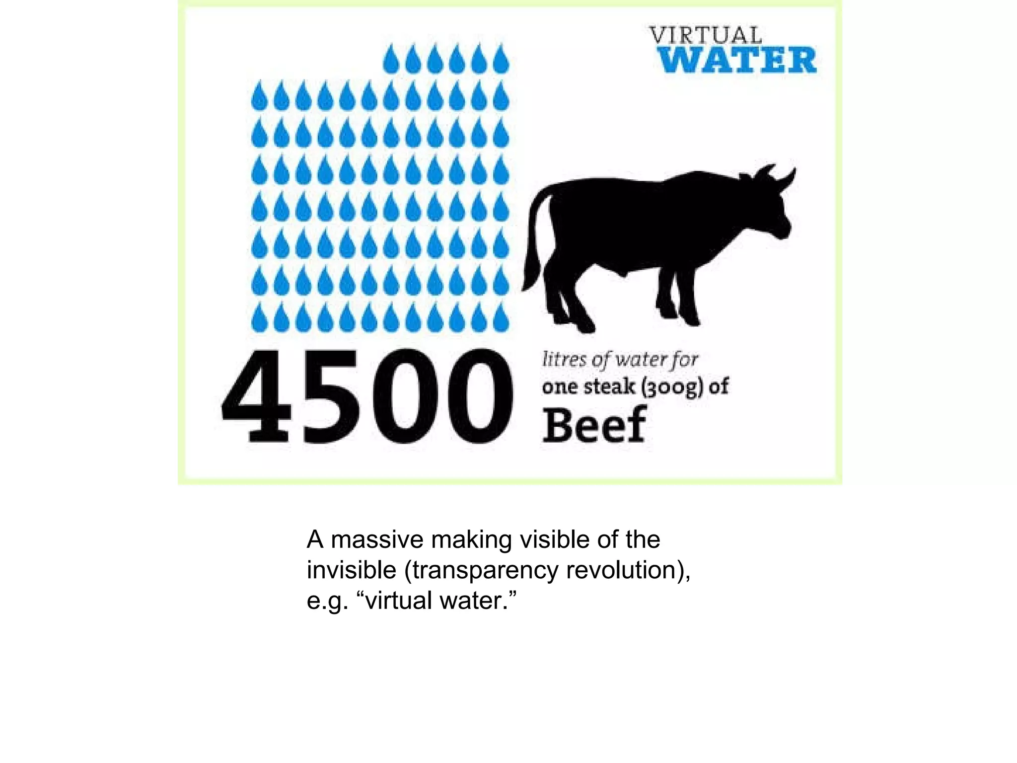 A massive making visible of the invisible (transparency revolution),  e.g. “virtual water.” 
