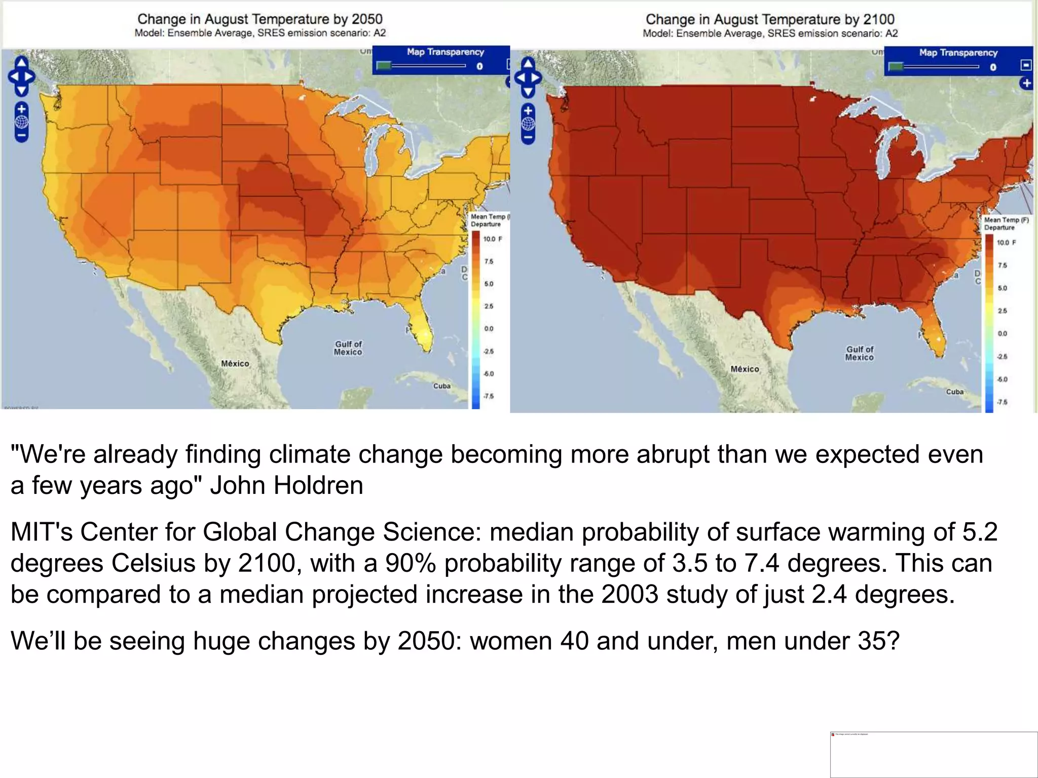 "We're already finding climate change becoming more abrupt than we expected even
a few years ago" John Holdren
MIT's Center for Global Change Science: median probability of surface warming of 5.2
degrees Celsius by 2100, with a 90% probability range of 3.5 to 7.4 degrees. This can
be compared to a median projected increase in the 2003 study of just 2.4 degrees.
We’ll be seeing huge changes by 2050: women 40 and under, men under 35?
 