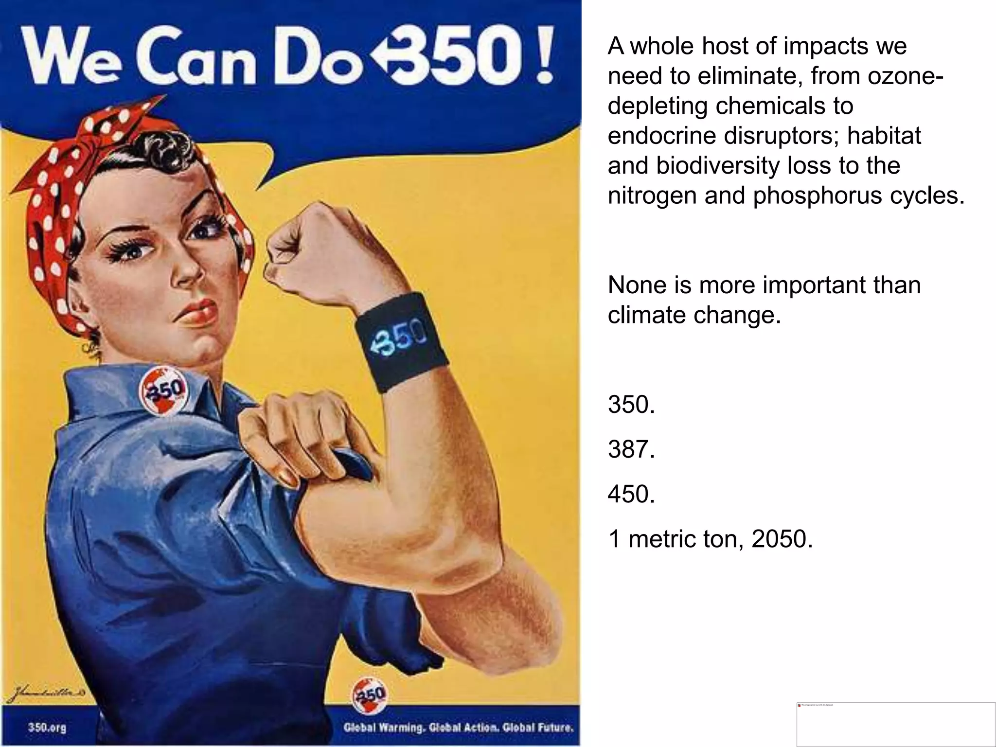 A whole host of impacts we
need to eliminate, from ozone-
depleting chemicals to
endocrine disruptors; habitat
and biodiversity loss to the
nitrogen and phosphorus cycles.
None is more important than
climate change.
350.
387.
450.
1 metric ton, 2050.
 