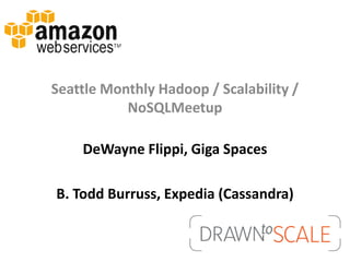 Seattle Monthly Hadoop / Scalability /
           NoSQLMeetup

    DeWayne Flippi, Giga Spaces

B. Todd Burruss, Expedia (Cassandra)
 