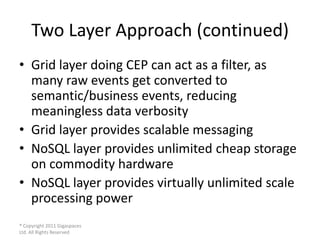 Two Layer Approach (continued)
• Grid layer doing CEP can act as a filter, as
  many raw events get converted to
  semanti...