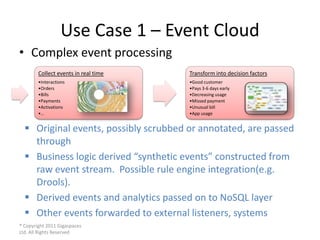 Use Case 1 – Event Cloud
• Complex event processing
        Collect events in real time    Transform into decision factors...