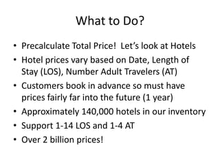 What to Do?
• Precalculate Total Price! Let’s look at Hotels
• Hotel prices vary based on Date, Length of
  Stay (LOS), Nu...