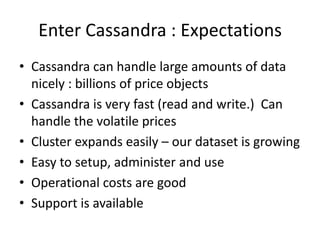 Enter Cassandra : Expectations
• Cassandra can handle large amounts of data
  nicely : billions of price objects
• Cassand...