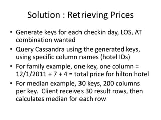 Solution : Retrieving Prices
• Generate keys for each checkin day, LOS, AT
  combination wanted
• Query Cassandra using th...
