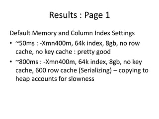 Results : Page 1
Default Memory and Column Index Settings
• ~50ms : -Xmn400m, 64k index, 8gb, no row
  cache, no key cache...