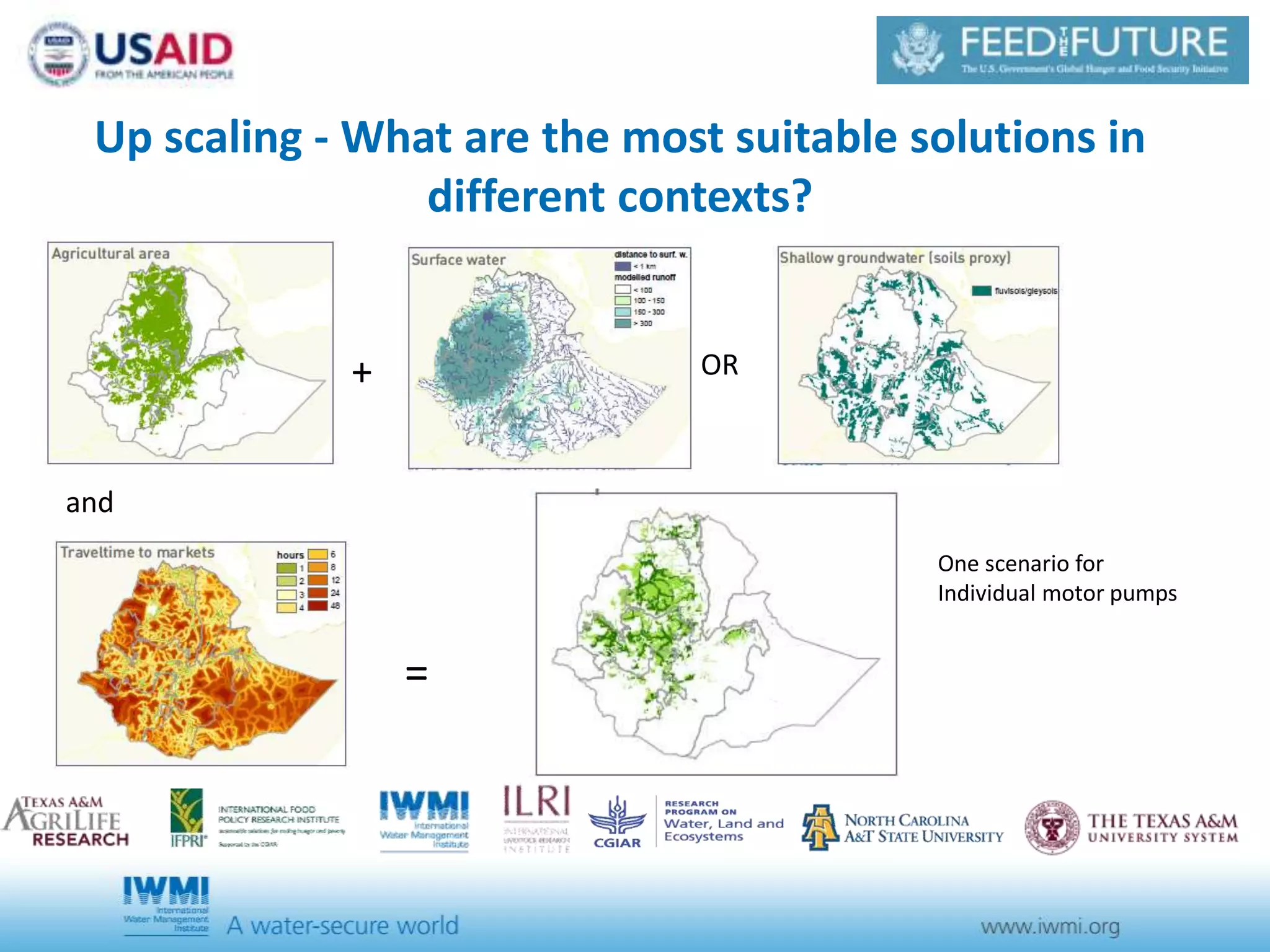 Suitability domains example: WLT 
Up scaling - What are the most suitable solutions in 
different contexts? 
+ OR 
and 
= 
One scenario for 
Individual motor pumps 
 