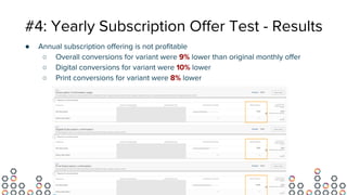 #4: Yearly Subscription Offer Test - Results
● Annual subscription offering is not profitable
○ Overall conversions for variant were 9% lower than original monthly offer
○ Digital conversions for variant were 10% lower
○ Print conversions for variant were 8% lower
 