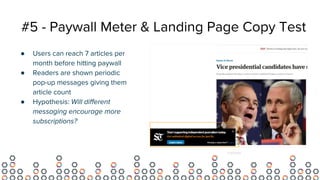 #5 - Paywall Meter & Landing Page Copy Test
● Users can reach 7 articles per
month before hitting paywall
● Readers are shown periodic
pop-up messages giving them
article count
● Hypothesis: Will different
messaging encourage more
subscriptions?
Variant
 