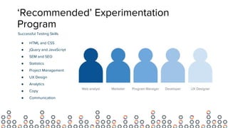 ‘Recommended’ Experimentation
Program
Successful Testing Skills
● HTML and CSS
● jQuery and JavaScript
● SEM and SEO
● Statistics
● Project Management
● UX Design
● Analytics
● Copy
● Communication
 