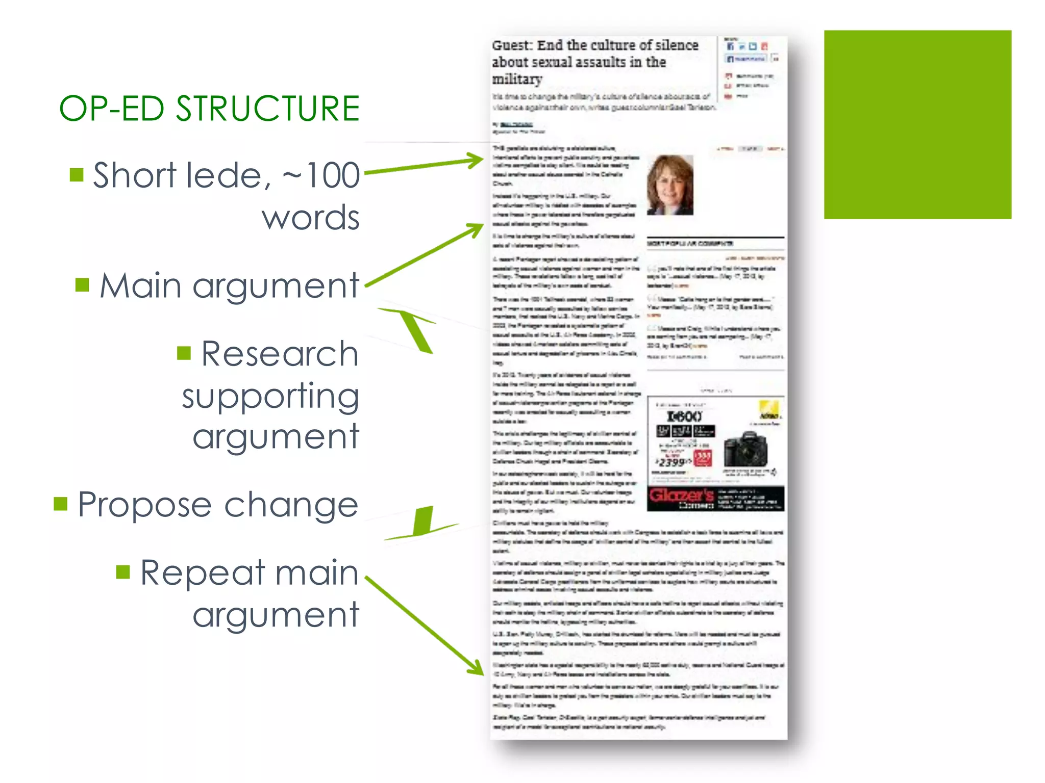 OP-ED STRUCTURE
¡ Short lede, ~100
words
¡ Main argument
¡ Research
supporting
argument
¡ Propose change
¡ Repeat main
argument
 