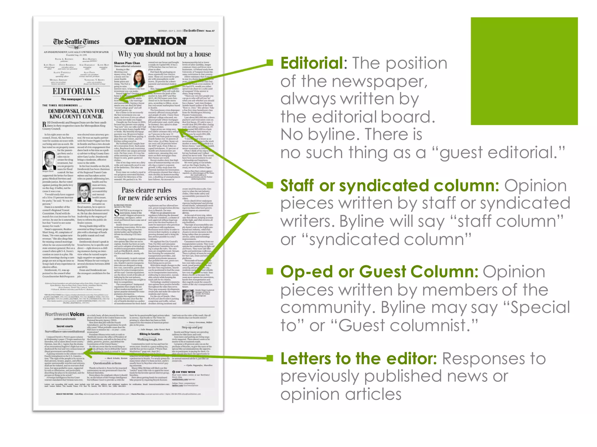 ¡ Editorial: The position
of the newspaper,
always written by
the editorial board.
No byline. There is
no such thing as a “guest editorial.”
¡ Staff or syndicated column: Opinion
pieces written by staff or syndicated
writers. Byline will say “staff column”
or “syndicated column”
¡ Op-ed or Guest Column: Opinion
pieces written by members of the
community. Byline may say “Special
to” or “Guest columnist.”
¡ Letters to the editor: Responses to
previously published news or
opinion articles
 