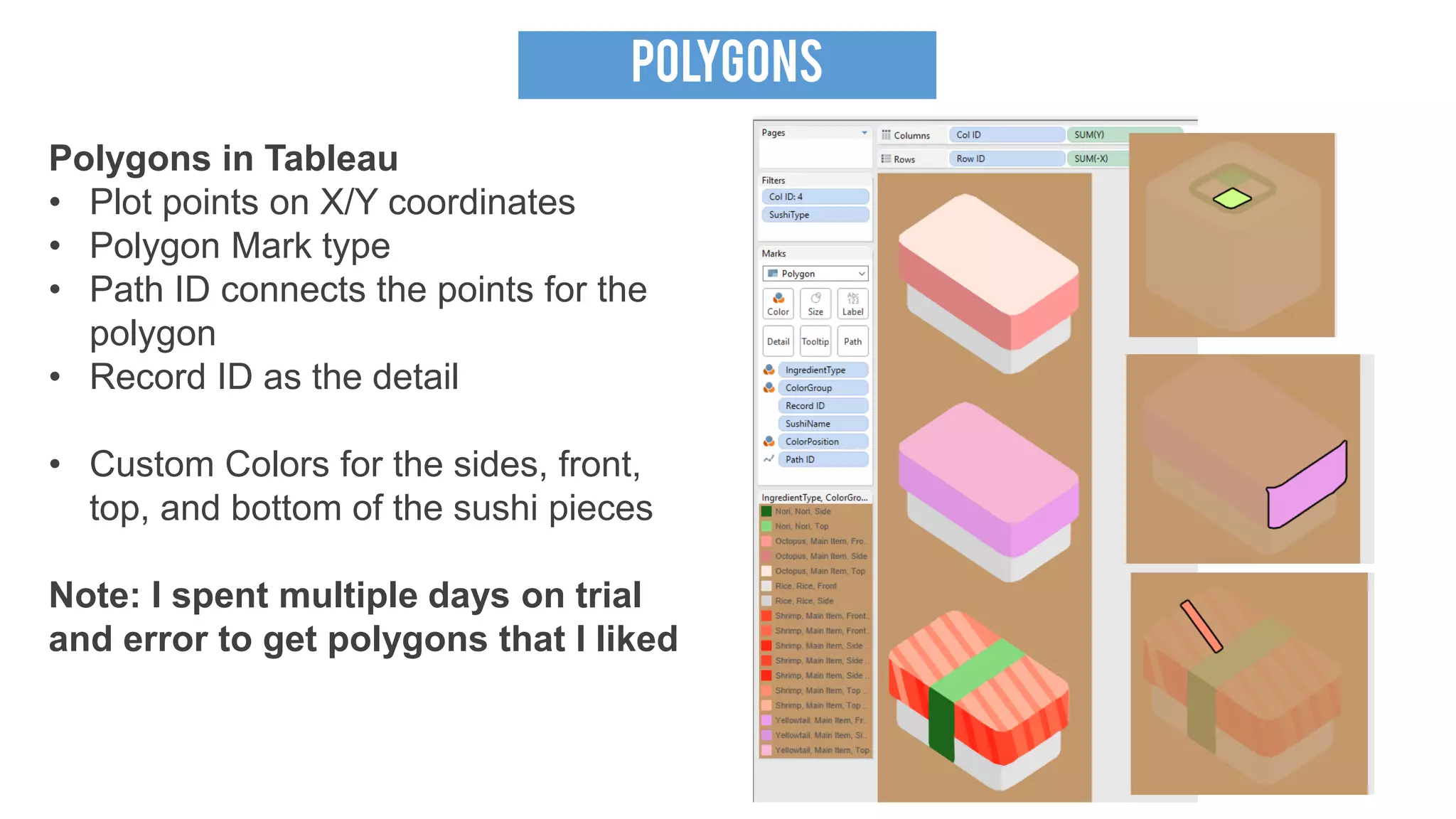 POLYGONS
Polygons in Tableau
• Plot points on X/Y coordinates
• Polygon Mark type
• Path ID connects the points for the
polygon
• Record ID as the detail
• Custom Colors for the sides, front,
top, and bottom of the sushi pieces
Note: I spent multiple days on trial
and error to get polygons that I liked
 