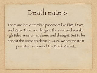 Death eaters
There are lots of terrible predators like Pigs, Dogs,
and Rats. There are things in the sand and sea like
high tides, erosion, cyclones and drought. But to be
honest the worst predator is ...US. We are the main
      predator because of the Black Market.
 