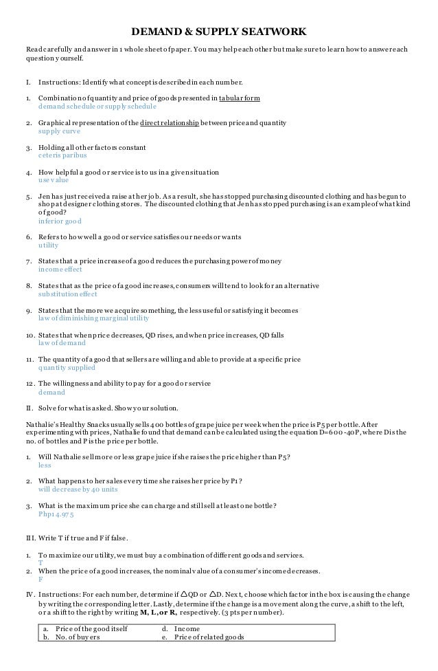 Demand & Supply Seatwork