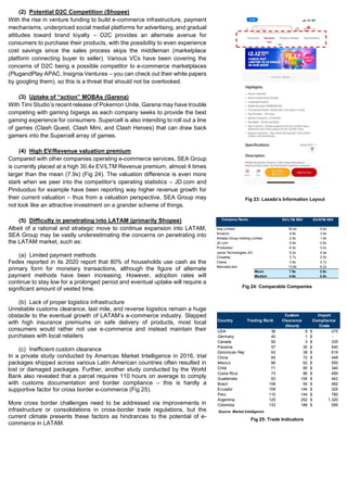 (2) Potential D2C Competition (Shopee)
With the rise in venture funding to build e-commerce infrastructure, payment
mechanisms, underpriced social medial platforms for advertising, and gradual
attitudes toward brand loyalty – D2C provides an alternate avenue for
consumers to purchase their products, with the possibility to even experience
cost savings since the sales process skips the middleman (marketplace
platform connecting buyer to seller). Various VCs have been covering the
concerns of D2C being a possible competitor to e-commerce marketplaces
(PlugandPlay APAC, Insignia Ventures – you can check out their white papers
by googling them), so this is a threat that should not be overlooked.
(3) Uptake of “action” MOBAs (Garena)
With Timi Studio’s recent release of Pokemon Unite, Garena may have trouble
competing with gaming bigwigs as each company seeks to provide the best
gaming experience for consumers. Supercell is also intending to roll out a line
of games (Clash Quest, Clash Mini, and Clash Heroes) that can draw back
gamers into the Supercell array of games.
(4) High EV/Revenue valuation premium
Compared with other companies operating e-commerce services, SEA Group
is currently placed at a high 30.4x EV/LTM Revenue premium, almost 4 times
larger than the mean (7.9x) (Fig 24). The valuation difference is even more
stark when we peer into the competitor’s operating statistics – JD.com and
Pinduoduo for example have been reporting way higher revenue growth for
their current valuation – thus from a valuation perspective, SEA Group may
not look like an attractive investment on a grander scheme of things.
(5) Difficulty in penetrating into LATAM (primarily Shopee)
Albeit of a rational and strategic move to continue expansion into LATAM,
SEA Group may be vastly underestimating the concerns on penetrating into
the LATAM market, such as:
(a) Limited payment methods
Fedex reported in its 2020 report that 80% of households use cash as the
primary form for monetary transactions, although the figure of alternate
payment methods have been increasing. However, adoption rates will
continue to stay low for a prolonged period and eventual uptake will require a
significant amount of vested time.
(b) Lack of proper logistics infrastructure
Unreliable customs clearance, last mile, and reverse logistics remain a huge
obstacle to the eventual growth of LATAM’s e-commerce industry. Slapped
with high insurance premiums on safe delivery of products, most local
consumers would rather not use e-commerce and instead maintain their
purchases with local retailers
(c) Inefficient custom clearance
In a private study conducted by Americas Market Intelligence in 2016, trial
packages shipped across various Latin American countries often resulted in
lost or damaged packages. Further, another study conducted by the World
Bank also revealed that a parcel requires 110 hours on average to comply
with customs documentation and border compliance – this is hardly a
supportive factor for cross border e-commerce (Fig 25).
More cross border challenges need to be addressed via improvements in
infrastructure or consolidations in cross-border trade regulations, but the
current climate presents these factors as hindrances to the potential of e-
commerce in LATAM.
Fig 23: Lazada’s Information Layout
Company Name EV/LTM REV EV/NTM REV
Sea Limited 30.4x 9.9x
Amazon 4.6x 3.4x
Alibaba Group Holding Limited 2.9x 1.9x
JD.com 0.9x 0.6x
Pinduoduo 6.0x 3.2x
Jumia Technologies AG 5.2x 4.4x
Coupang 3.7x 2.0x
Chewy 3.6x 2.7x
MercadoLibre 13.8x 6.2x
Mean 7.9x 3.8x
Median 4.6x 3.2x
Fig 24: Comparable Companies
Country Trading Rank
Custom
Clearance
(Hours)
Import
Compliance
Costs
USA 36 9 275
$
Germany 40 1 -
$
Canada 50 3 335
$
Panama 57 30 540
$
Dominican Republic 63 38 619
$
China 65 72 448
$
Mexico 66 62 550
$
Chile 71 90 340
$
Costa Rica 73 86 495
$
Guatemala 83 104 442
$
Brazil 106 54 482
$
Ecuador 109 144 325
$
Peru 110 144 780
$
Argentina 125 252 1,320
$
Colombia 133 186 595
$
Fig 25: Trade Indicators
Source: Market Intelligence
 