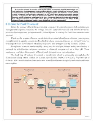 PAGE 10
3. Tertiary (or Final) Treatment:
Since the sewage-effluent treated during secondary treatment process still contains non-
biodegradable organic pollutants (if sewage contains industrial wastes) and mineral nutrients
particularly nitrogen and phosphorus salts, it is subjected to tertiary (or final) treatment for their
removal.
If not so, the sewage effluents containing nitrogen and phosphorus salts can cause serious
eutrophication in aquatic ecosystems. Non-biodegradable organic pollutants are normally removed
by using activated carbon filters whereas phosphorus and nitrogen salts by chemical treated.
Phosphorus salts are precipitated by liming and the nitrogen present mainly as ammonia is
removed by volatilization (vigorous aeration at elevated temperature) at a high pH. These
treatments result in a high-quality effluent which does not cause eutrophication.
The find step of tertiary treatment is disinfection which is commonly accomplished by
chlorination using either sodium or calcium hypochlorite (NaOCl or CaOCl2 respectively) or
chlorine. Now the effluent is a clean water and is considered microbiologically safe even for human
consumption.
 
