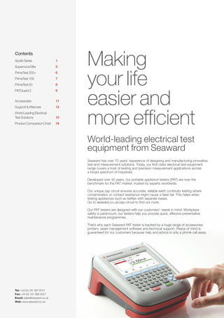 Making
your life
easier and
more efficient
World-leading electrical test
equipment from Seaward
Seaward has over 70 years’ experience of designing and manufacturing innovative
test and measurement solutions. Today, our first-class electrical test equipment
range covers a host of testing and precision measurement applications across
a broad spectrum of industries.
Developed over 30 years, our portable appliance testers (PAT) are now the
benchmark for the PAT market, trusted by experts worldwide.
Our unique zap circuit ensures accurate, reliable earth continuity testing where
contamination or contact resistance might cause a false fail. This helps when
testing appliances such as kettles with separate bases.
Go to seaward.co.uk/zap-circuit to find out more.
Our PAT testers are designed with our customers’ needs in mind. Workplace
safety is paramount; our testers help you provide quick, effective preventative
maintenance programmes.
That’s why each Seaward PAT tester is backed by a huge range of accessories:
printers, asset management software and technical support. Peace of mind is
guaranteed for our customers because help and advice is only a phone call away.
Contents
ApolloSeries 1
SupernovaElite 5
PrimeTest250+ 6
PrimeTest100 7
PrimeTest50 8
PATGuard3 9
Accessories 11
Support&Aftercare 13
WorldLeadingElectrical
TestSolutions 15
ProductComparisonChart 16
Tel: +44 (0) 191 587 8741
Fax: +44 (0) 191 586 0227
Email: sales@seaward.co.uk
Web: www.seaward.co.uk
 