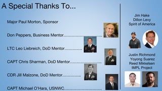 A Special Thanks To...
Major Paul Morton, Sponsor
Don Peppers, Business Mentor………………………..
LTC Leo Liebreich, DoD Mentor………….
CAPT Chris Sharman, DoD Mentor…………………...
CDR Jill Malzone, DoD Mentor…………..
CAPT Michael O’Hara, USNWC……………………….
Jim Hake
Dillon Levy
Spirit of America
Justin Richmond
Yoyong Suarez
Reed Mikkelsen
IMPL Project
 