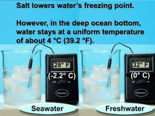 (0° C)(-2.2° C)
Salt lowers water’s freezing point.
However, in the deep ocean bottom,
water stays at a uniform temperature
of about 4 °C (39.2 °F).
28° F 32° F
FreshwaterSeawater
 