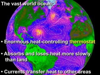The vast world ocean:
• Enormous heat-controlling thermostat
• Absorbs and loses heat more slowly
than land
• Currents transfer heat to other areas
 