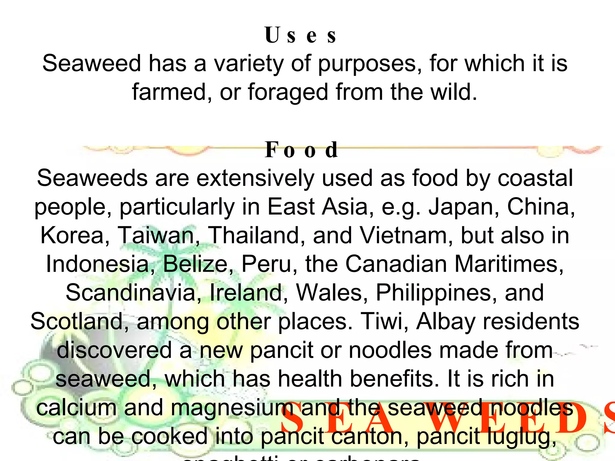 SEA WEEDS Uses Seaweed has a variety of purposes, for which it is farmed, or foraged from the wild. Food Seaweeds are extensively used as food by coastal people, particularly in East Asia, e.g. Japan, China, Korea, Taiwan, Thailand, and Vietnam, but also in Indonesia, Belize, Peru, the Canadian Maritimes, Scandinavia, Ireland, Wales, Philippines, and Scotland, among other places. Tiwi, Albay residents discovered a new pancit or noodles made from seaweed, which has health benefits. It is rich in calcium and magnesium and the seaweed noodles can be cooked into pancit canton, pancit luglug, spaghetti or carbonara. 