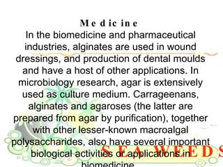 SEA WEEDS Medicine In the biomedicine and pharmaceutical industries, alginates are used in wound dressings, and production of dental moulds and have a host of other applications. In microbiology research, agar is extensively used as culture medium. Carrageenans, alginates and agaroses (the latter are prepared from agar by purification), together with other lesser-known macroalgal polysaccharides, also have several important biological activities or applications in biomedicine.  